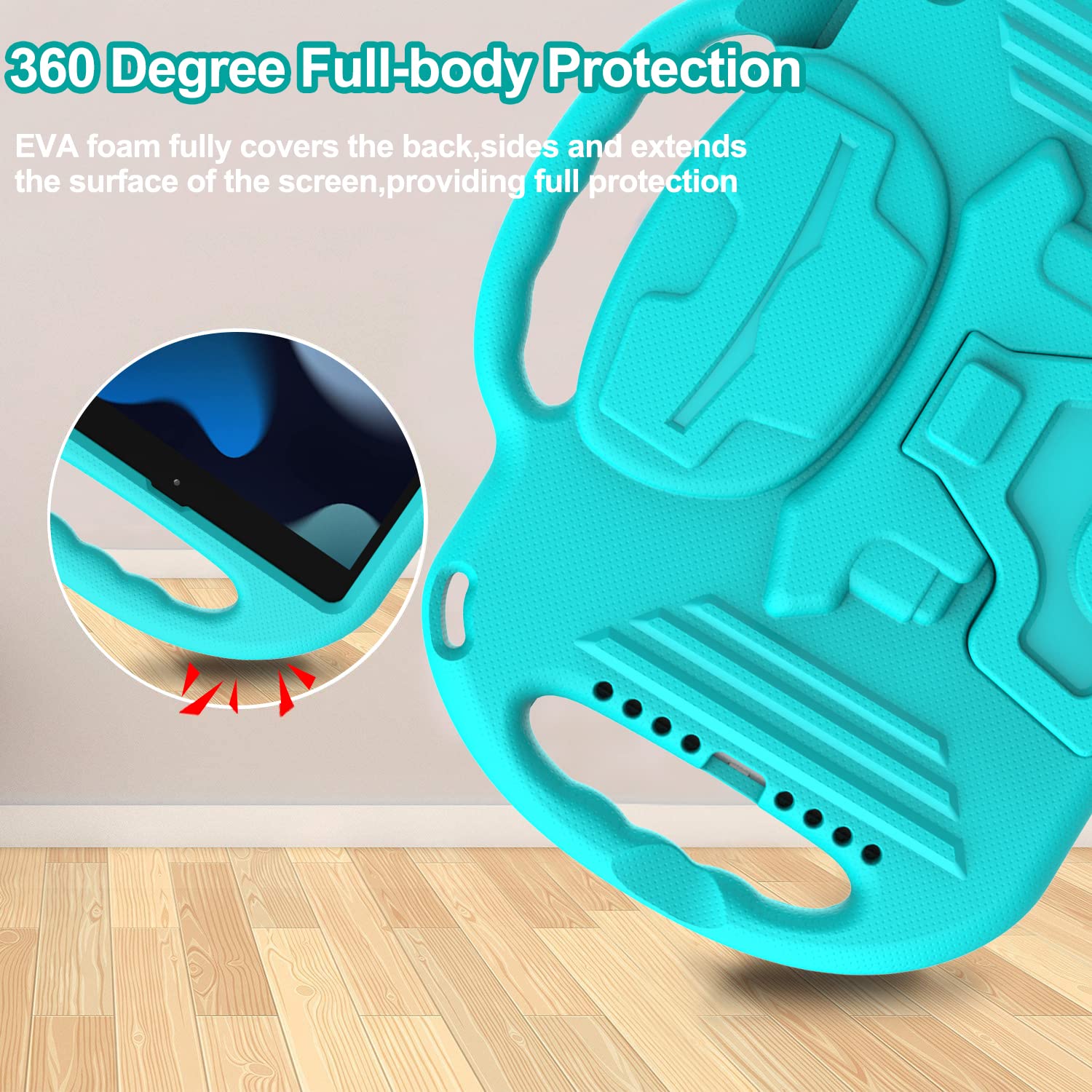 Menzo Kids Case For Ipad 9Th/8Th/7Th Generation, Shockproof Shoulder Strap Handle Stand, Turquoise