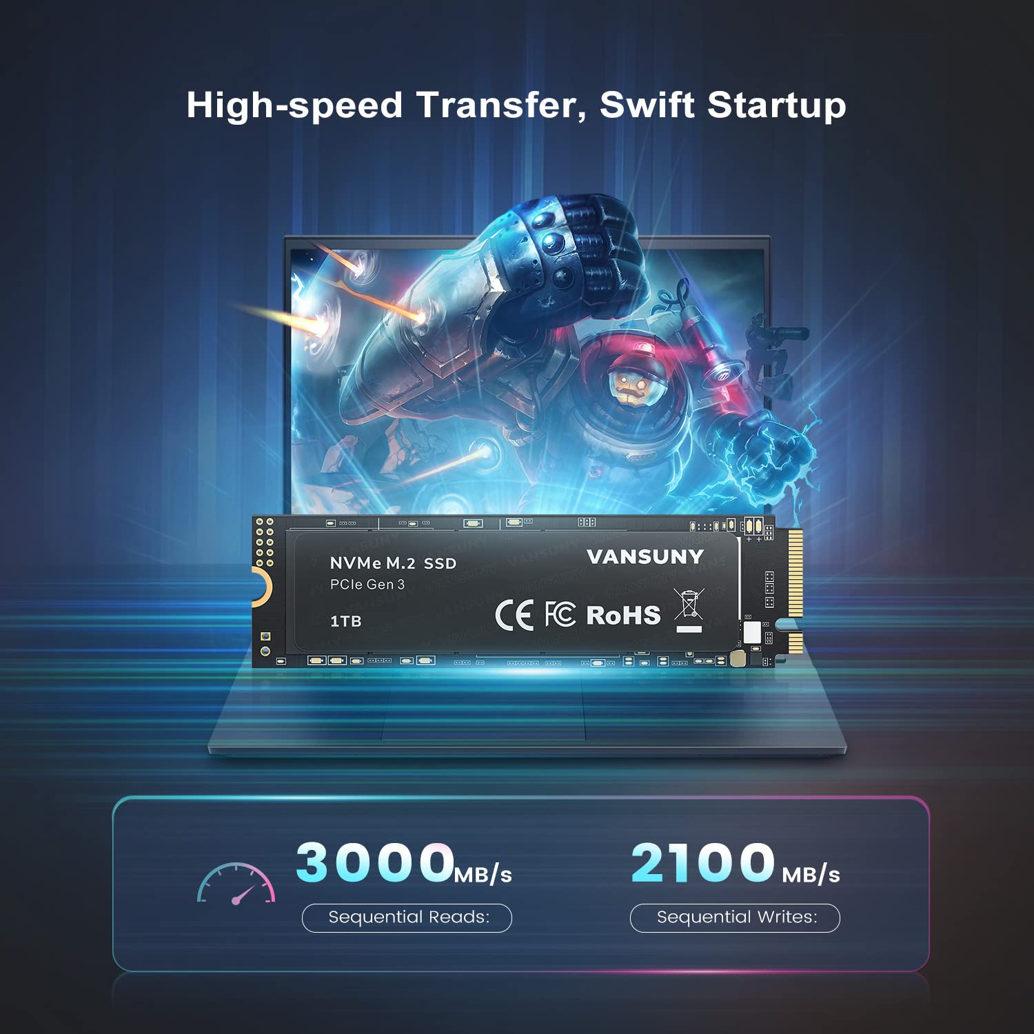 Vansuny 1Tb Nvme M.2 Internal Solid State Drive Pcie 3.0 Tlc Nvme M.2 Ssd 3D Nand Nvme M.2 2280 Speed Up To 3400/2900Mb/S Internal Solid State Hard Drive Pcie Ssd