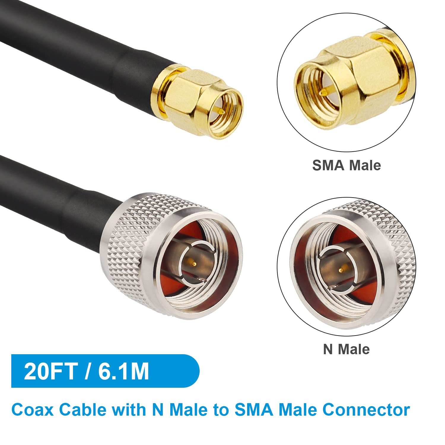 Mookeerf N Male To Sma Male Cable 20Ft Low Loss Rg58 Sma To N Cable 50 Ohm For Wifi Router,Gps Receiver,Antenna,Signal Booster U