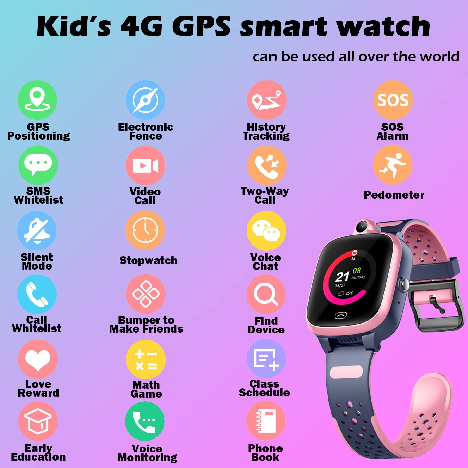 Topuser 4G Gps Smart Watch For Kids Boys Girls Watches [Global Version] Sos Emergency Alarm Waterproof Smartwatch With Text Vide