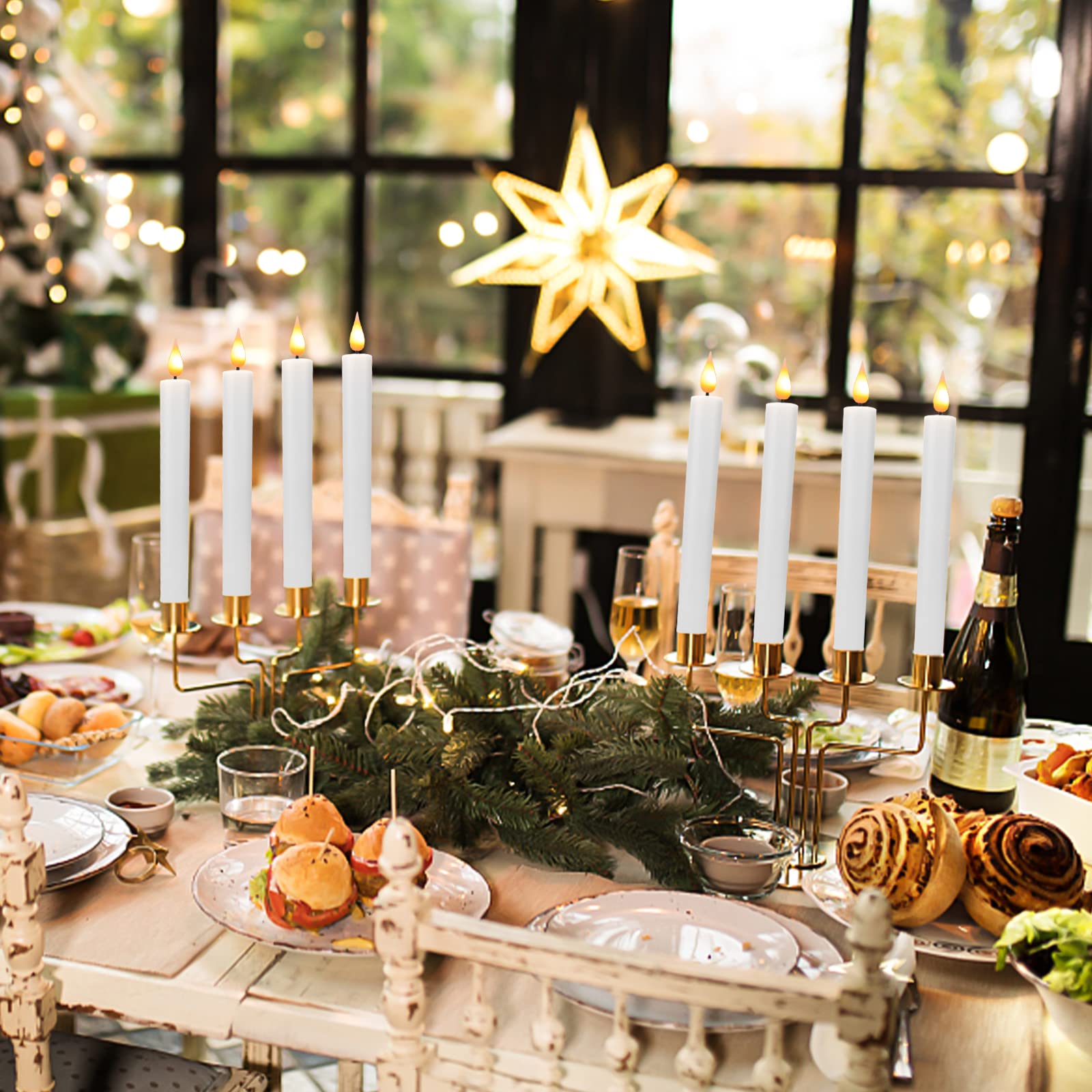 Led Flameless Window Candles With Remote Timer Gold Base 10 Pcs Battery Operated Flickering Taper Candle Lights With Removable C