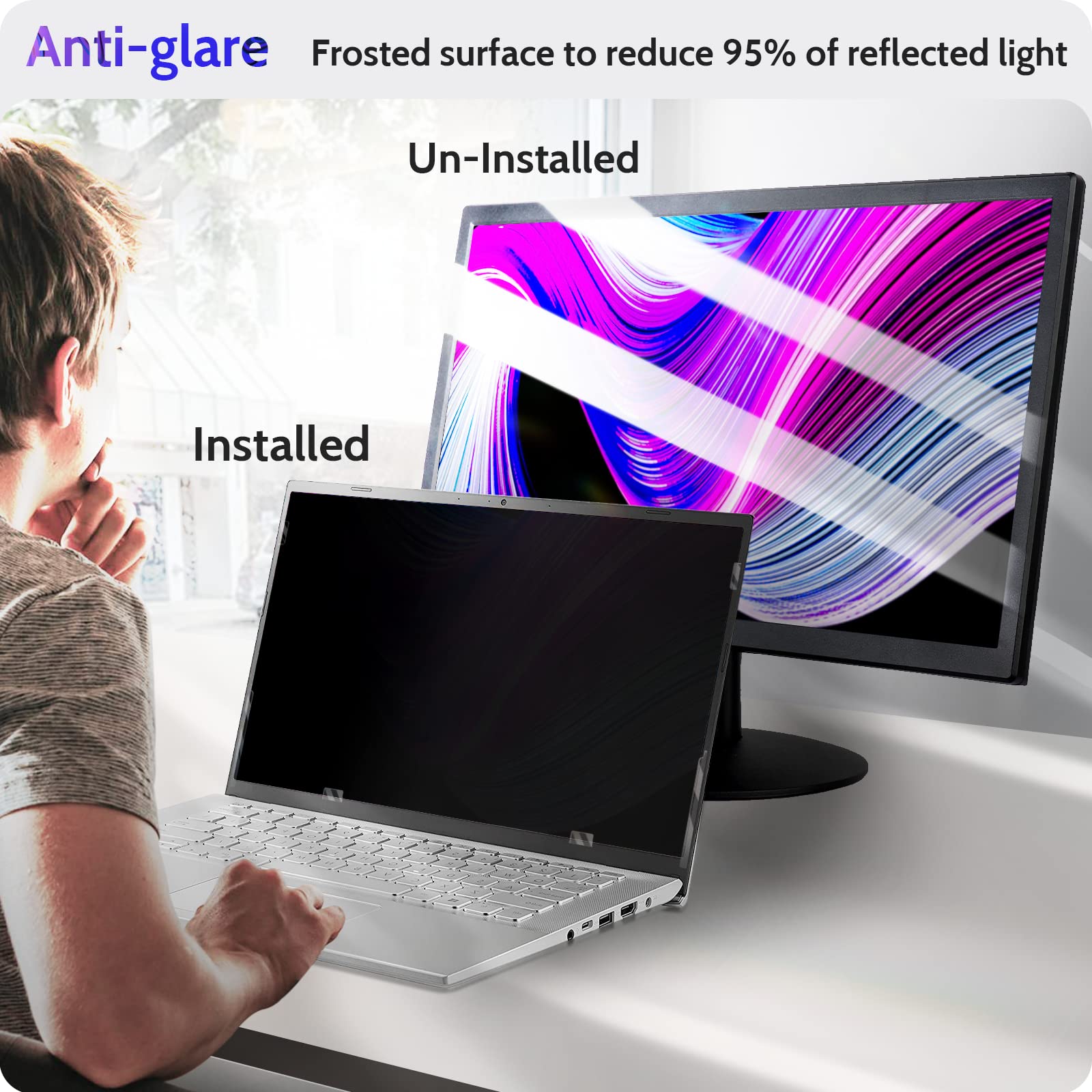 Peslv 17.3 Inch Laptop Privacy Screen Compatible With Lenovo Hp Dell Acer Asus Thinkpad Envy, 16:9 Aspect Removable Anti Glare B