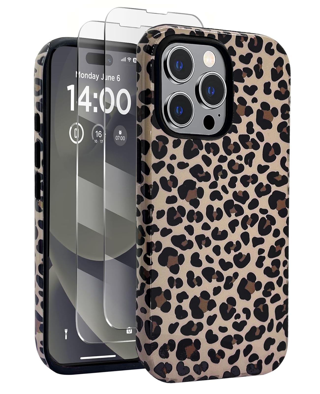 J.west Compatible with iPhone 14 Pro Max Case 6.7 inch with 2 Pack Tempered Glass Screen Protectors Cute Animal Leopard Hybrid C