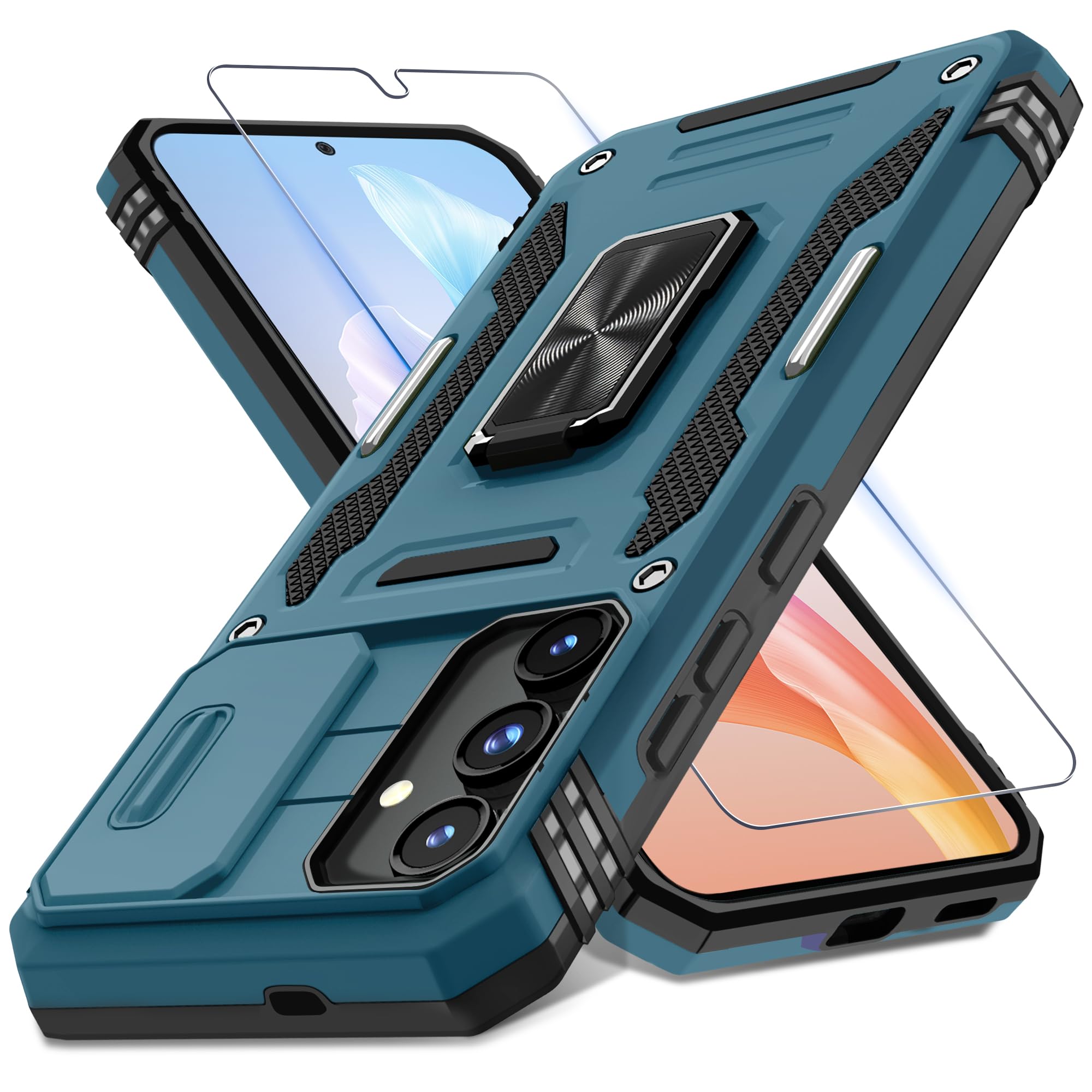 Deerlamn Case For Samsung Galaxy S24+ Plus With Slide Camera Cover+Screen Protector (1 Pack), Rotated Ring Kickstand Military Gr