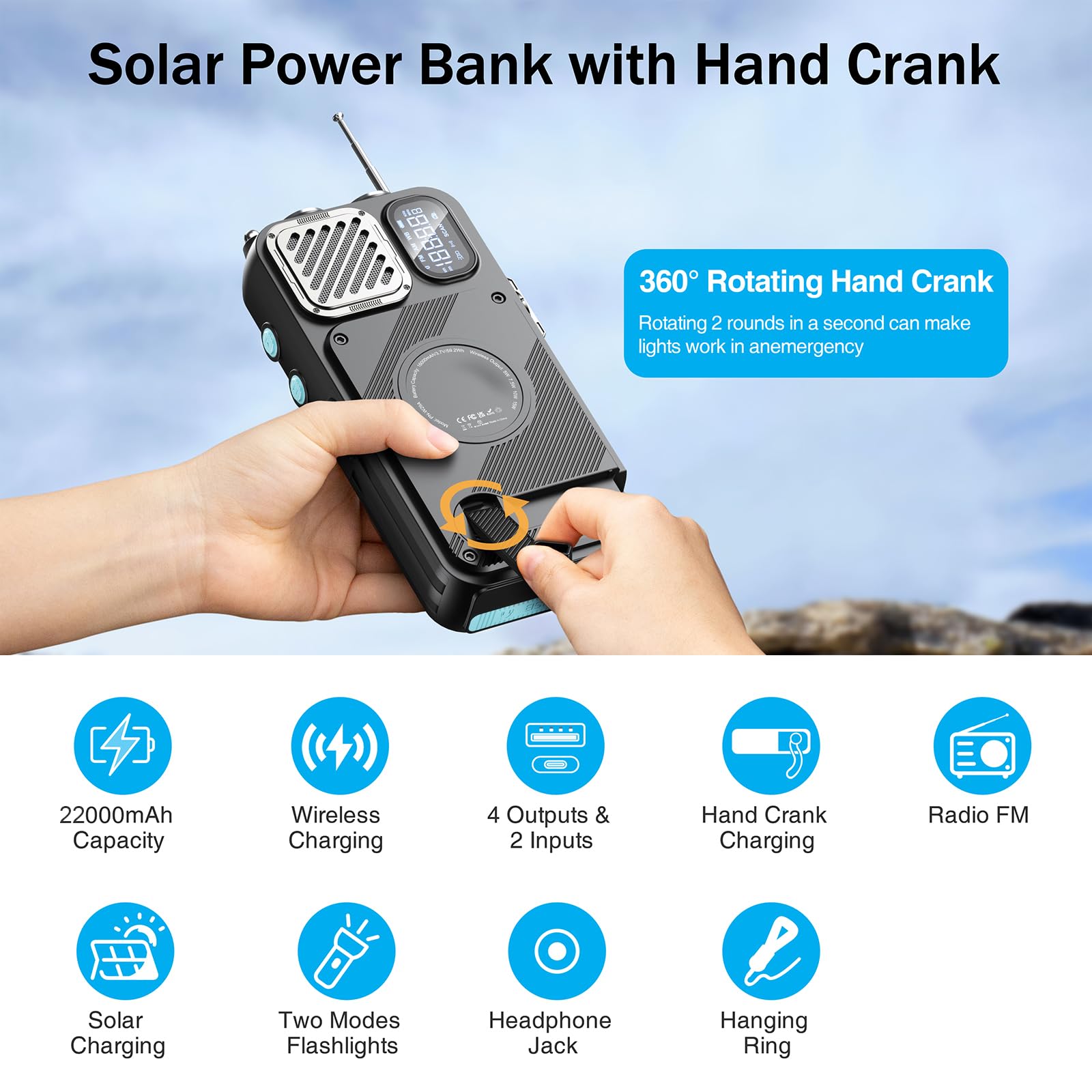 Emergency Radio, 22000Mah Solar Power Bank, Fm Noaa Emergency Weather Radio, 20W Fast Charging Solar Charger, Portable Hand Cran