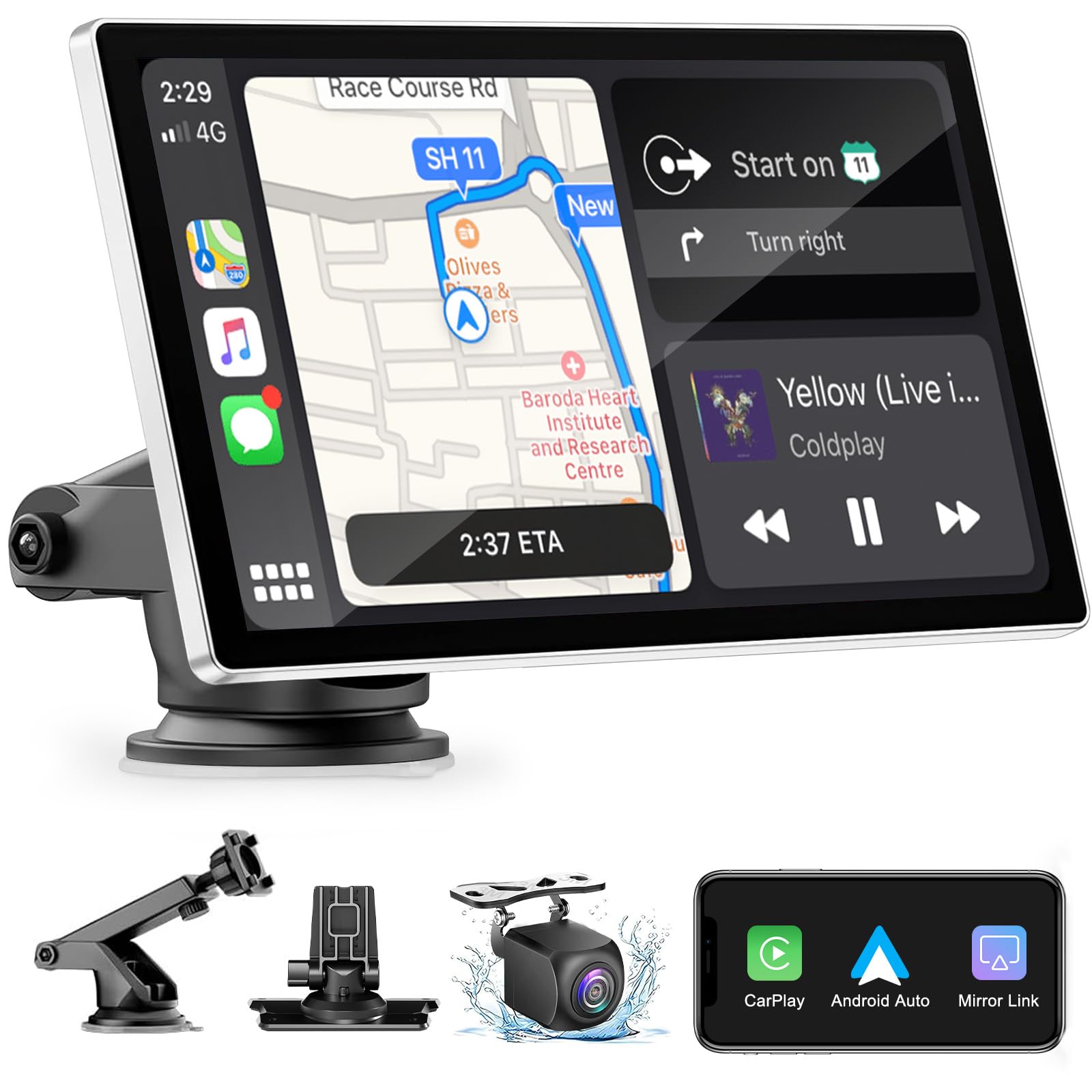 Wireless Carplay Screen For Car   9'' Portable Car Stereo With 1080P Backup Camera, Car Overhead Video Players With A Pple Carpl