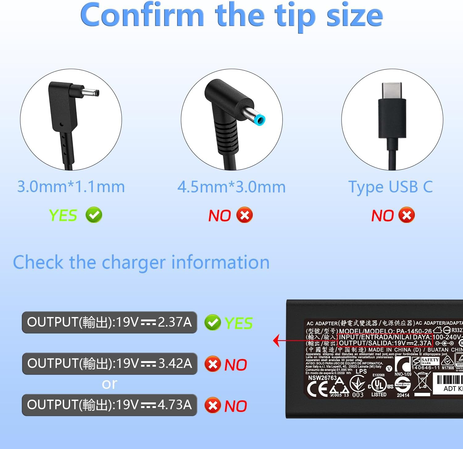 N20C5 N23C3 N20C4 N19H2 45W 3.0*1.1Mm Ac Charger Fit For Acer A515 45 R74Z A515 46 A315 23 A315 24P A115 31 A515 56 A115 32 A515