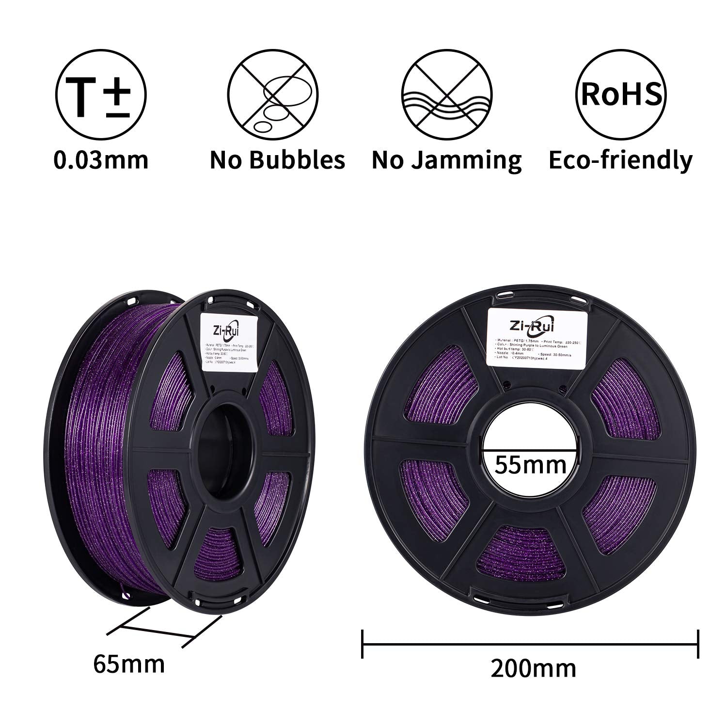 Zi Rui 3D Printer Petg Filament, Sparkly Glitter Purple, Shining Glow In The Dark Green, 1.75Mm, 2.2Lbs(1Kg)/Spool