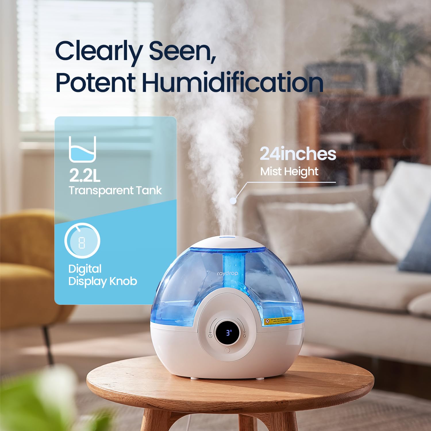 Raydrop 2.2L Humidifiers For Bedroom, Cool Mist Humidifiers With Timer, Digital Knob, 26Db Quiet Small Humidifier For Baby, Nurs