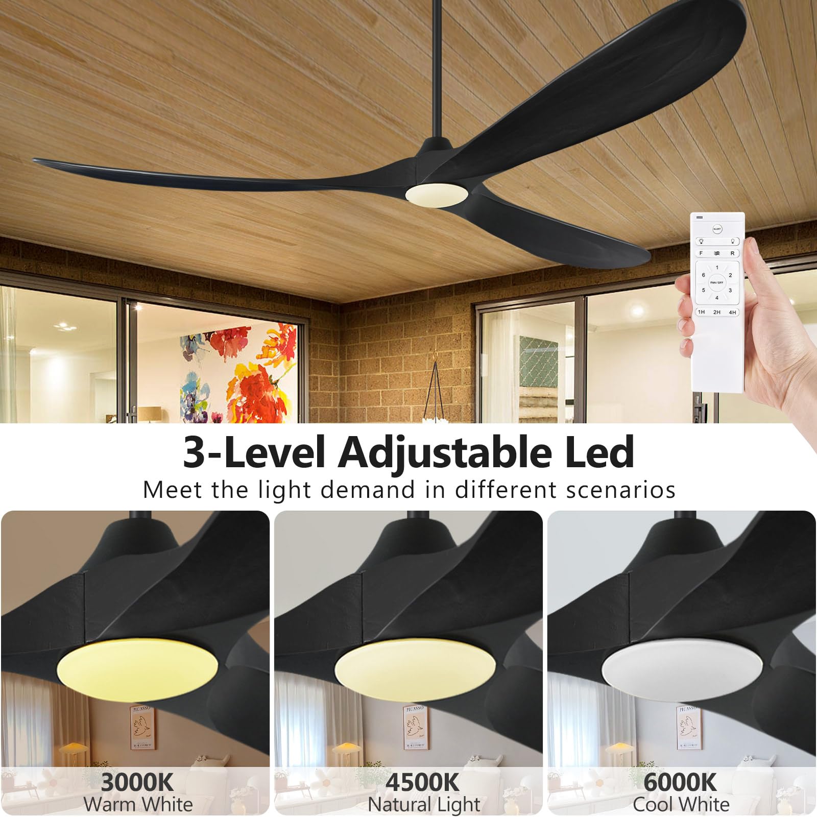 Abz Ceiling Fans With Lights   72 Inch Propeller Ceiling Fan With Remote Control, 3 Blades Black Solid Wood Ceiling Fan For Indo
