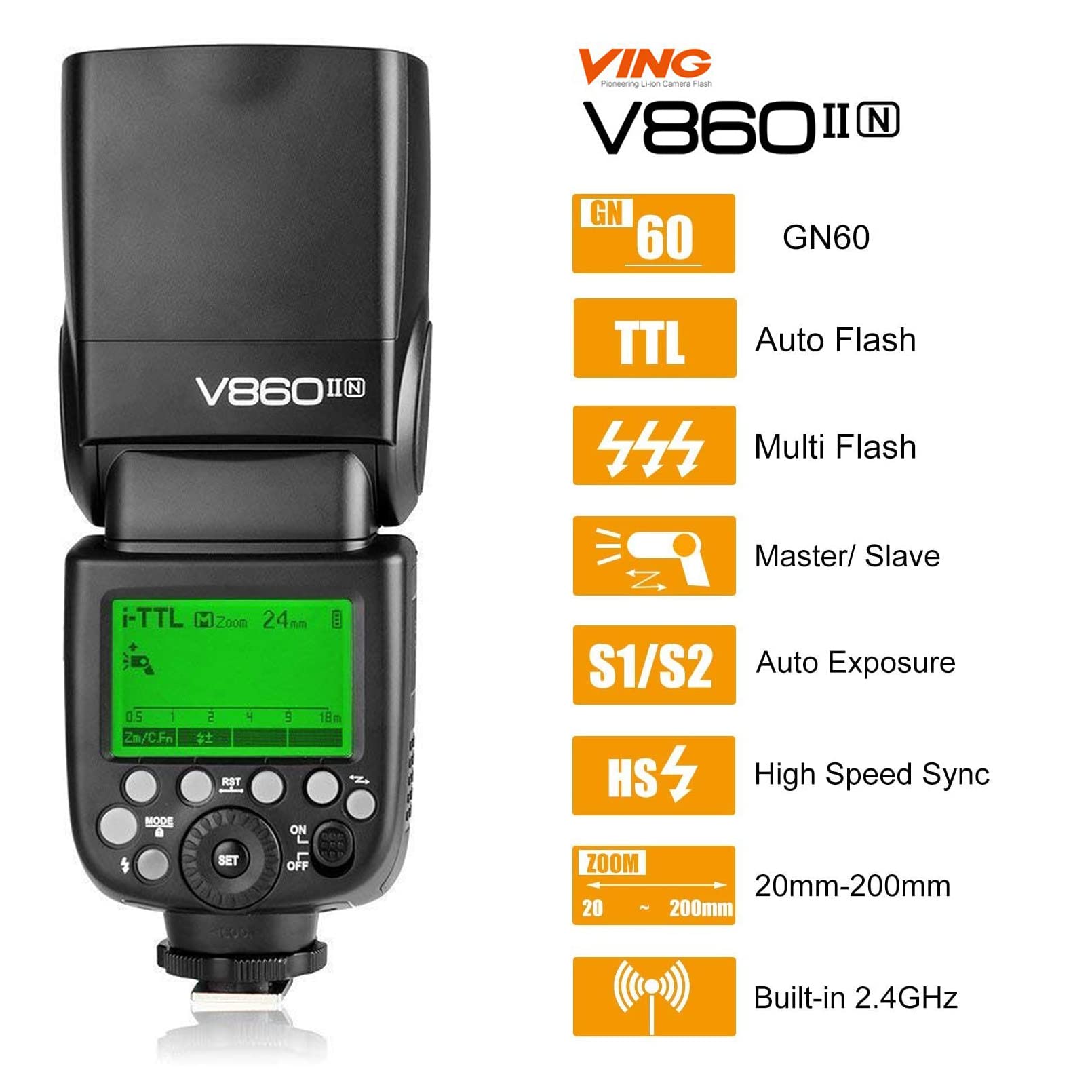 Godox V860Ii-N 2.4G Ttl Li-On Battery Camera Flash Compatible For Nikon D800 D700 D7100 D7000 D5200 D5100 D5000 D300 D300S D3200