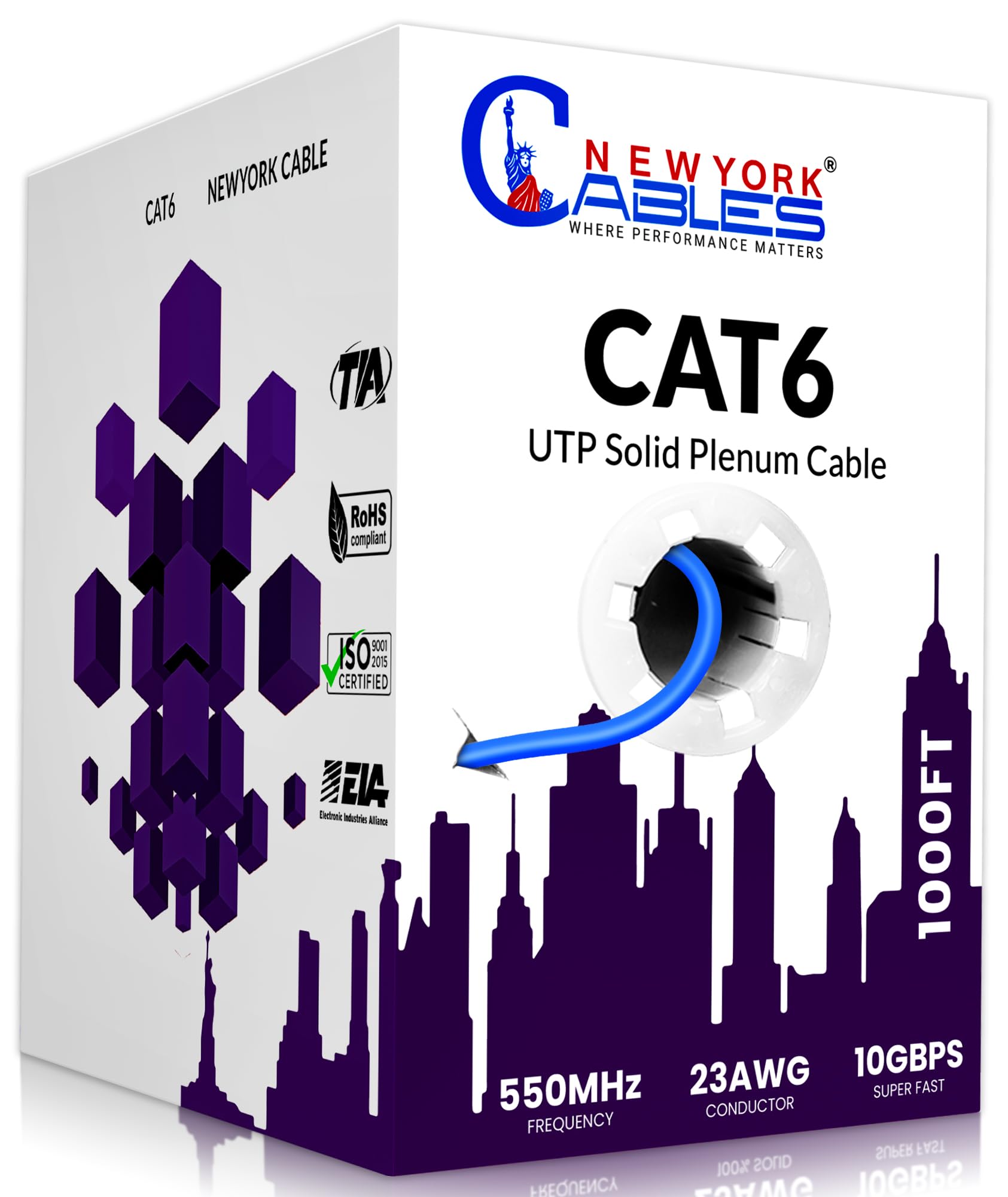 Newyork Cables | CAT6 Plenum Cable 1000ft | 23AWG, UTP 4Pairs, 550MHz 10Gbps Most Certified (CMP) Rated | FireRetardant Jacket 