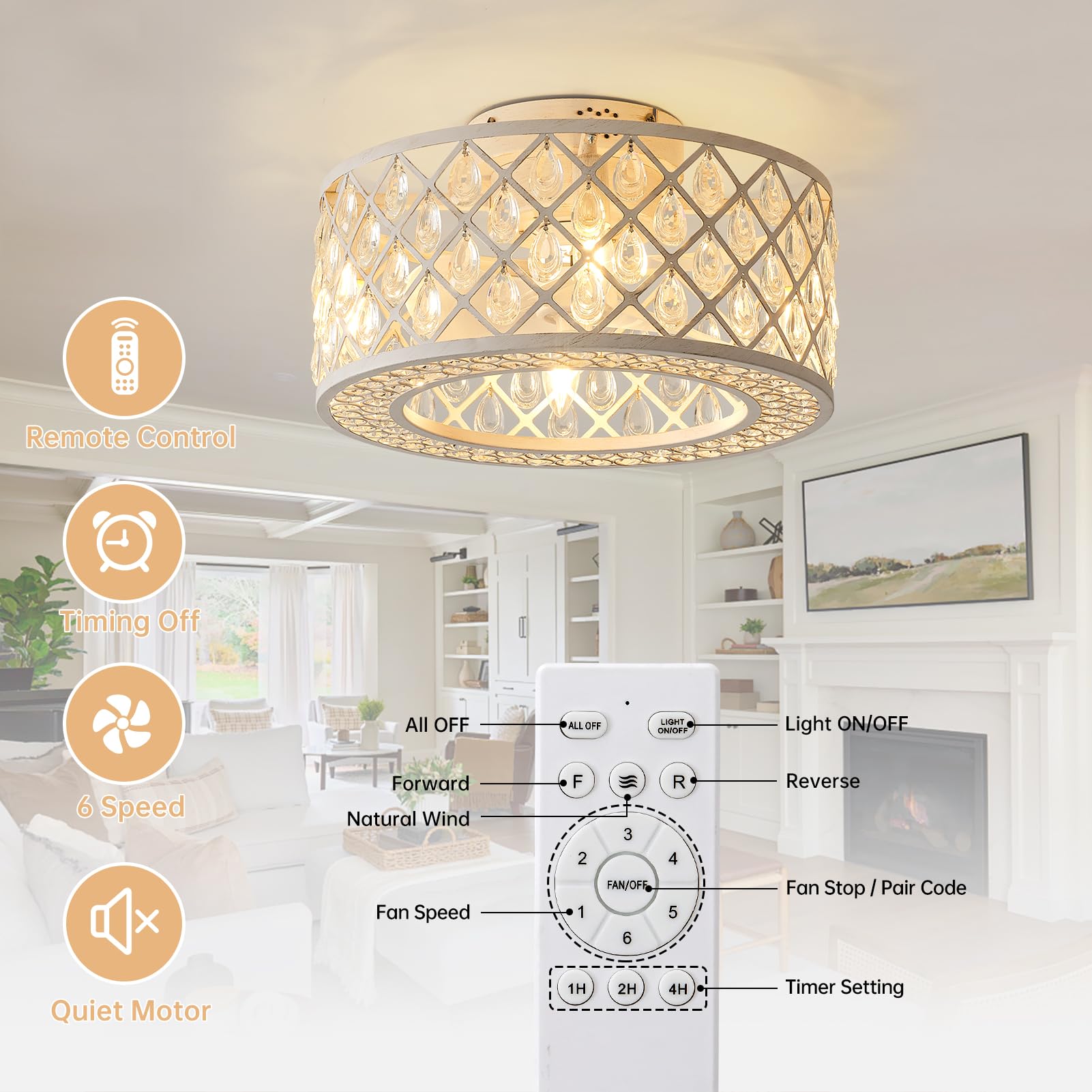 Oiotwo 18 Inch Crystal Fan Light, Lantern Shaped Industrial Chandelier, With Remote Control, Suitable For Indoor Places Such As