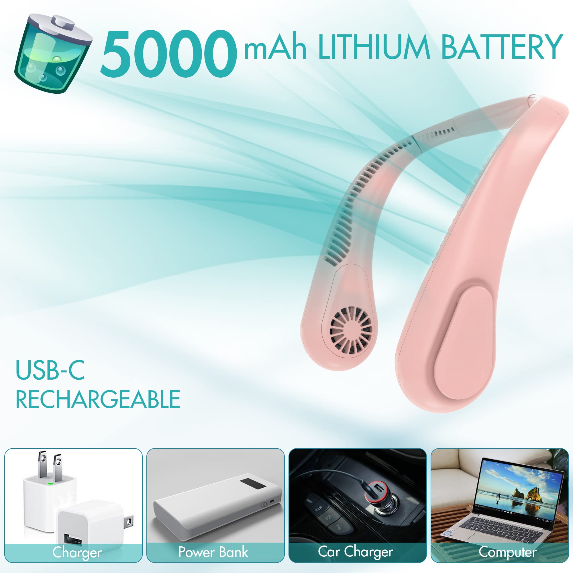 Comlife Bladeless Neck Fan, 5000Mah Rechargeable Battery Powered, Angle Adjustable, Hand Free Portable Neck Fan For Both Outdoor