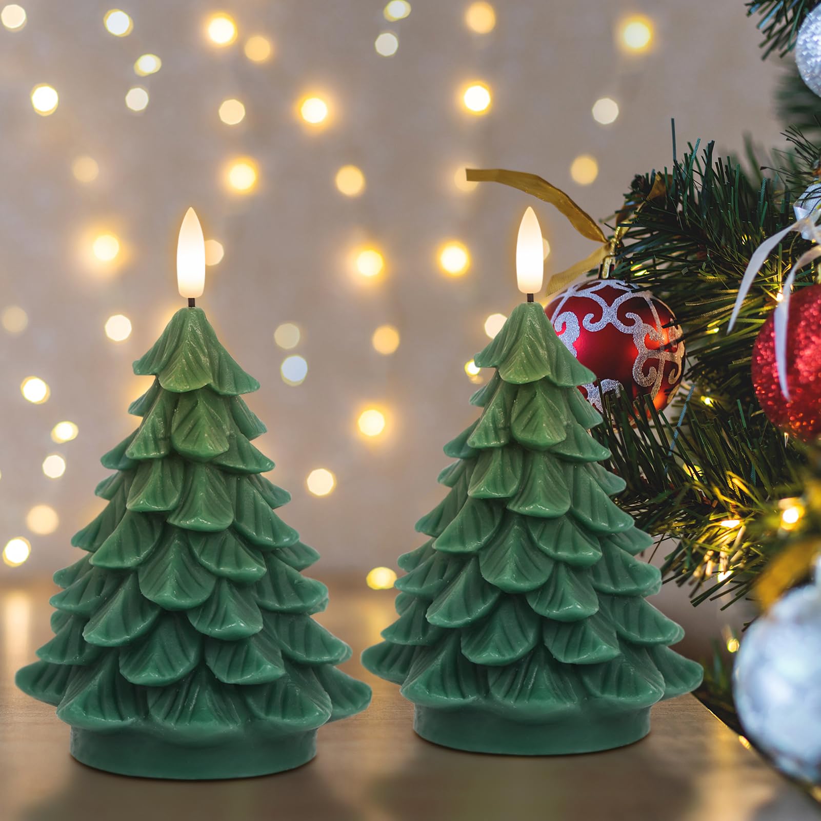 Wondise Christmas Tree Flameless Candles Timer, 2 Packs Green Real Wax Battery Operated 3D Wick Led Flickering Candles Realistic