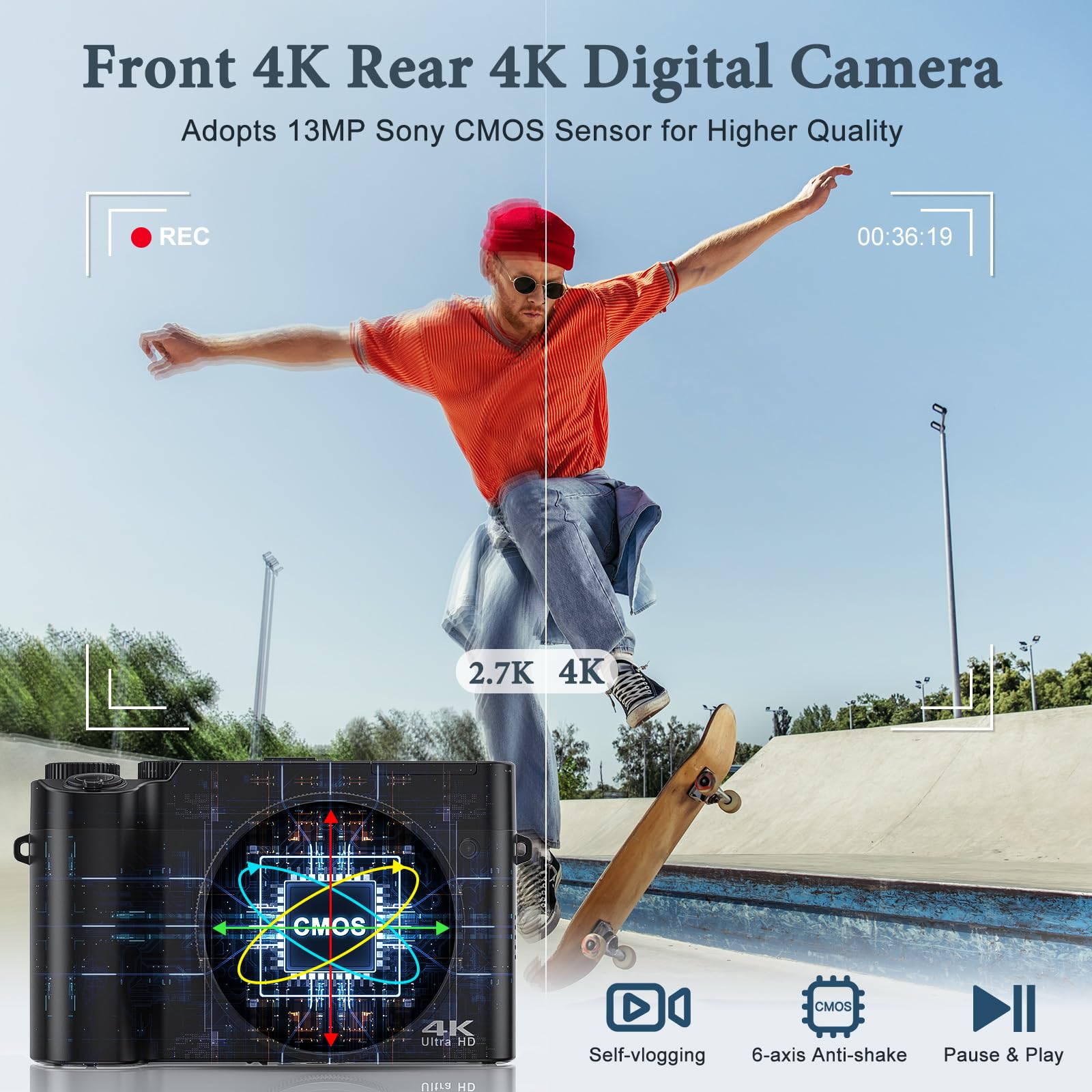 4K Digital Camera, 64Mp Rear And Front Camera For Photography And Video Autofocus Anti Shake, 3'' Selfie Flip Vlogging Camera Wi