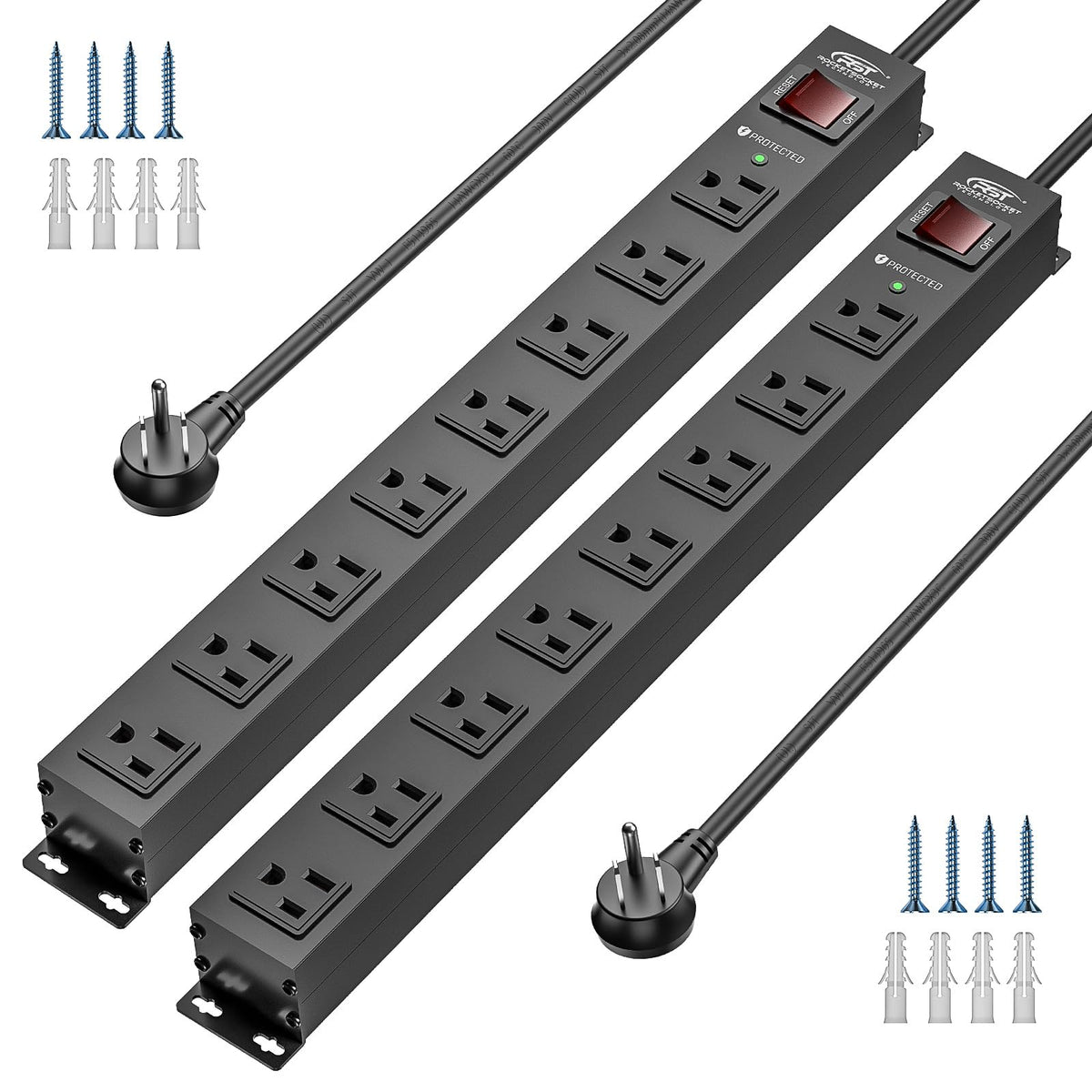 Crst 2 Pack 8 Outlet Metal Heavy Duty Power Strip With Switch, 2100J Power Strip Surge Protector, Mountable Wide Spaced Workshop