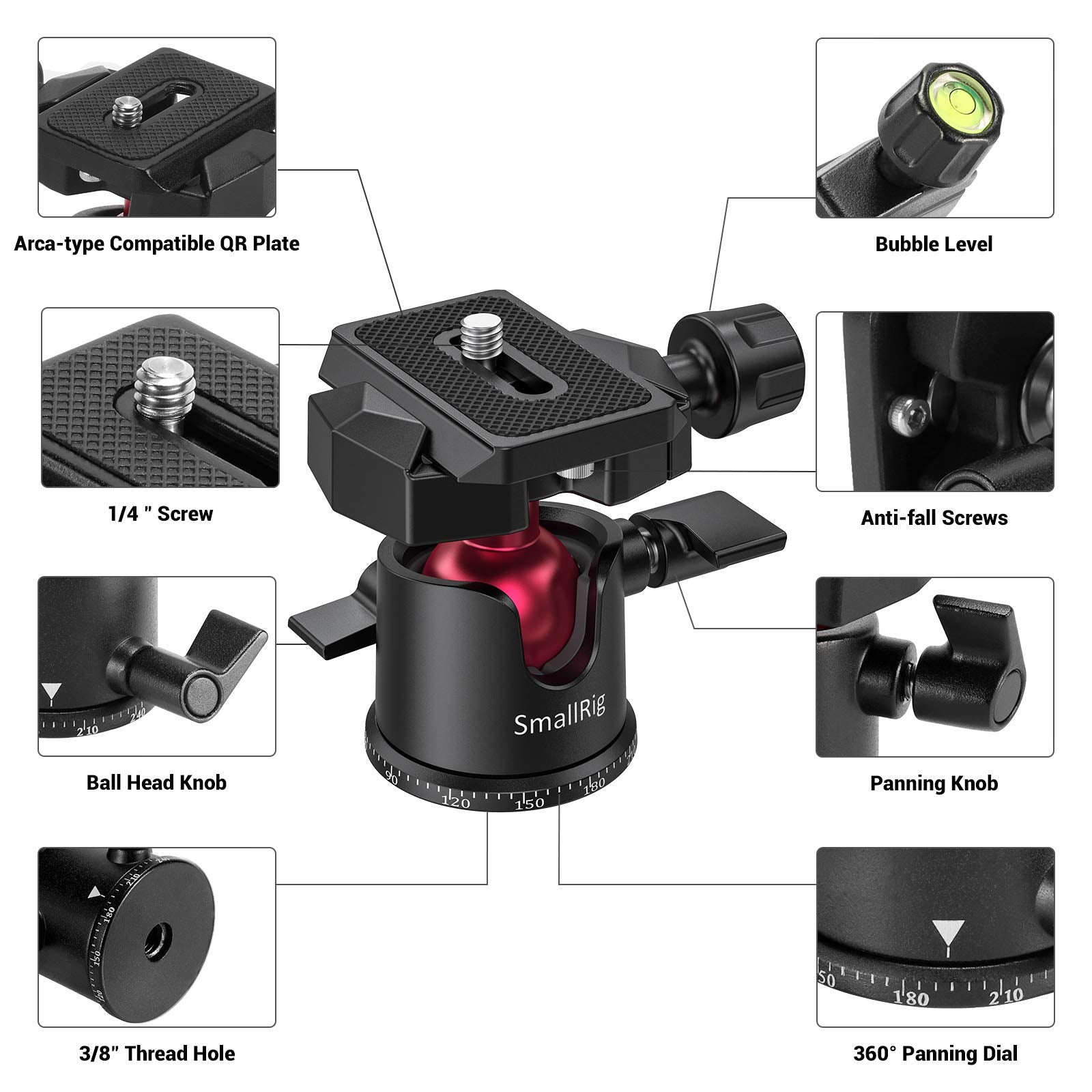 Smallrig Mini Ball Head, Tripod Head Camera 360 Panoramic With 1/4 Screw 3/8 Thread Mount And Quick Release Plate Metal Ball Joi
