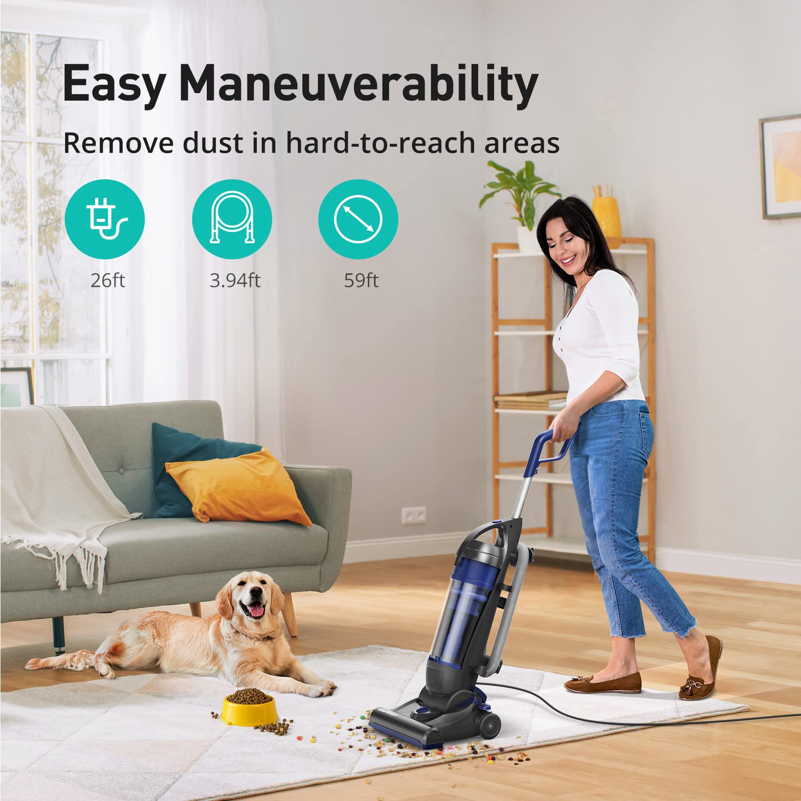 Upright Vacuum Cleaner, Aspiron 1200W 25Kpa 5 Mode Bagless Vacuum Cleaner With Crevice Tool & Extension Wand,3L Dust Cup With He