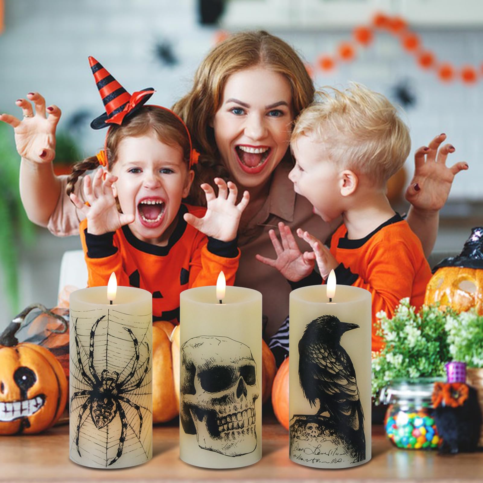 Lasumora Halloween Flameless Pillar Candles With Remote Timer   Skull, Spider Web, Crow Raven Decals Set Of 3, Battery Operated