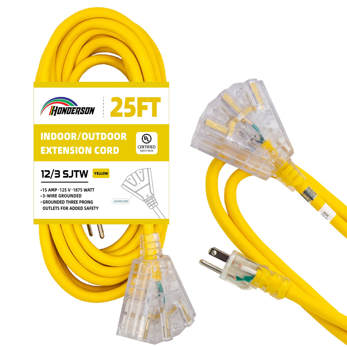 Honderson 25 Ft Lighted Outdoor Extension Cord With 3 Power Outlets,12/3 Sjtw Heavy Duty Yellow Extension Cable With 3 Prong Gro
