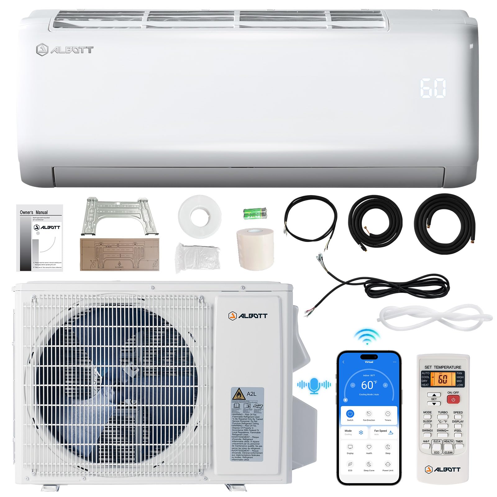 Albott 9000 BTU Mini Split Air Conditioner Heat Pump, Inverter Ductless AC, Cools up to 450 Sq. Ft, Energy-Efficient with Self-C