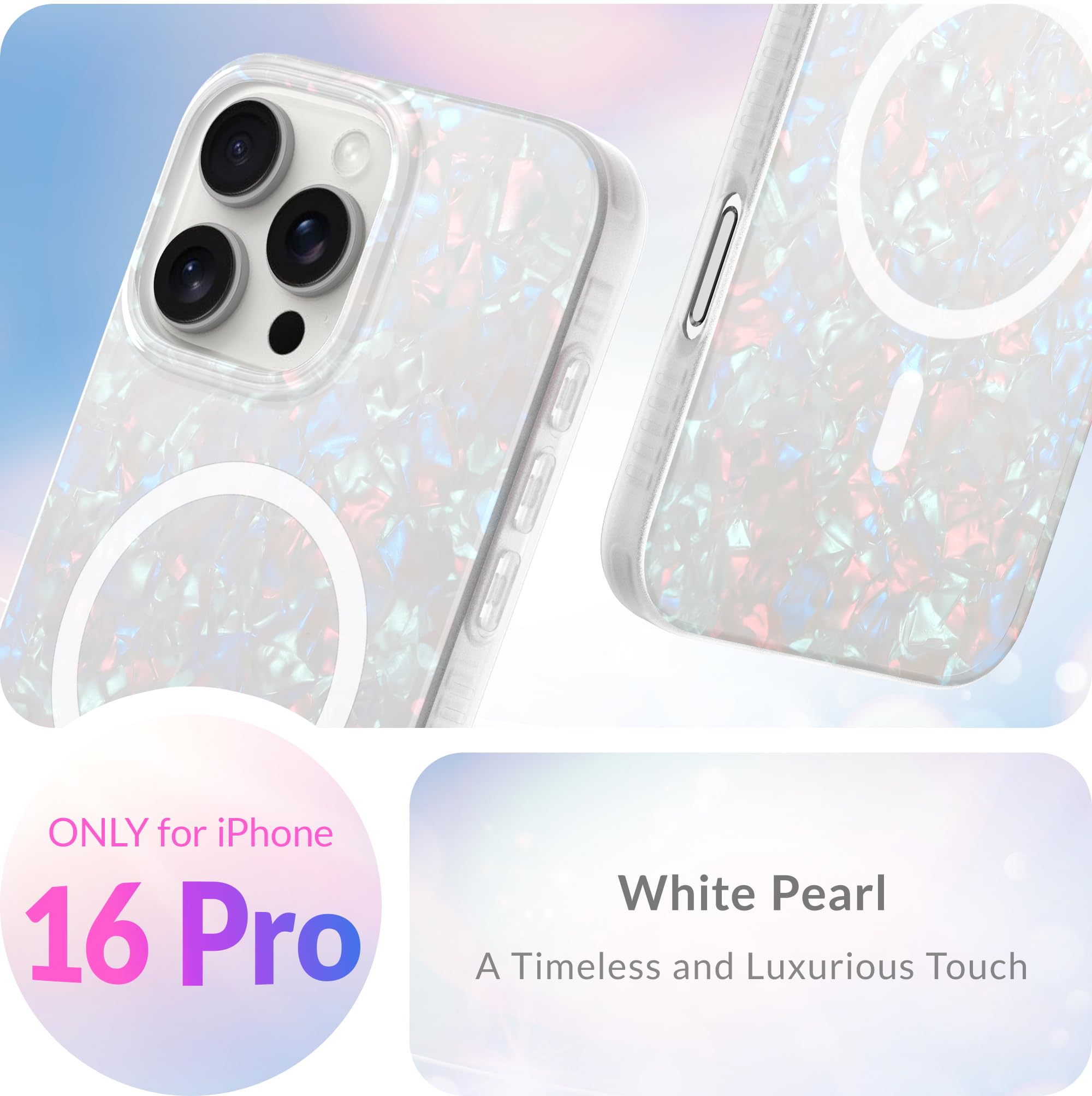 Lonli Hue   Iphone 16 Pro Magnetic Case [Compatible With Magsafe]   White Pearl Tort Phone Case   [360 Shock Absorbent Bumper]