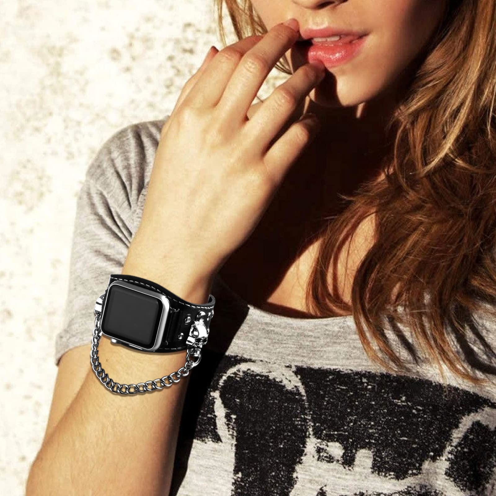 Viqiv Black Leather Skull Cuff Bracelet Compatible With Apple Watch Band Ultra 49Mm 44Mm 45Mm 42Mm 41Mm 40Mm 38Mm Series 8 7 6 5