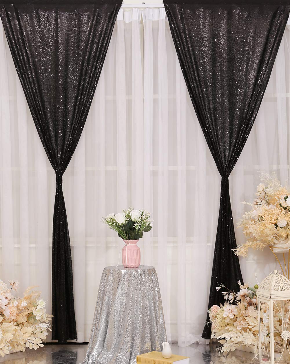 Poise3Ehome Black Sequin Backdrop Curtains, 4 Panels Black Sequin Backdrop, 2Ftx8Ft Sequin Curtains For Party Wedding Sequence B