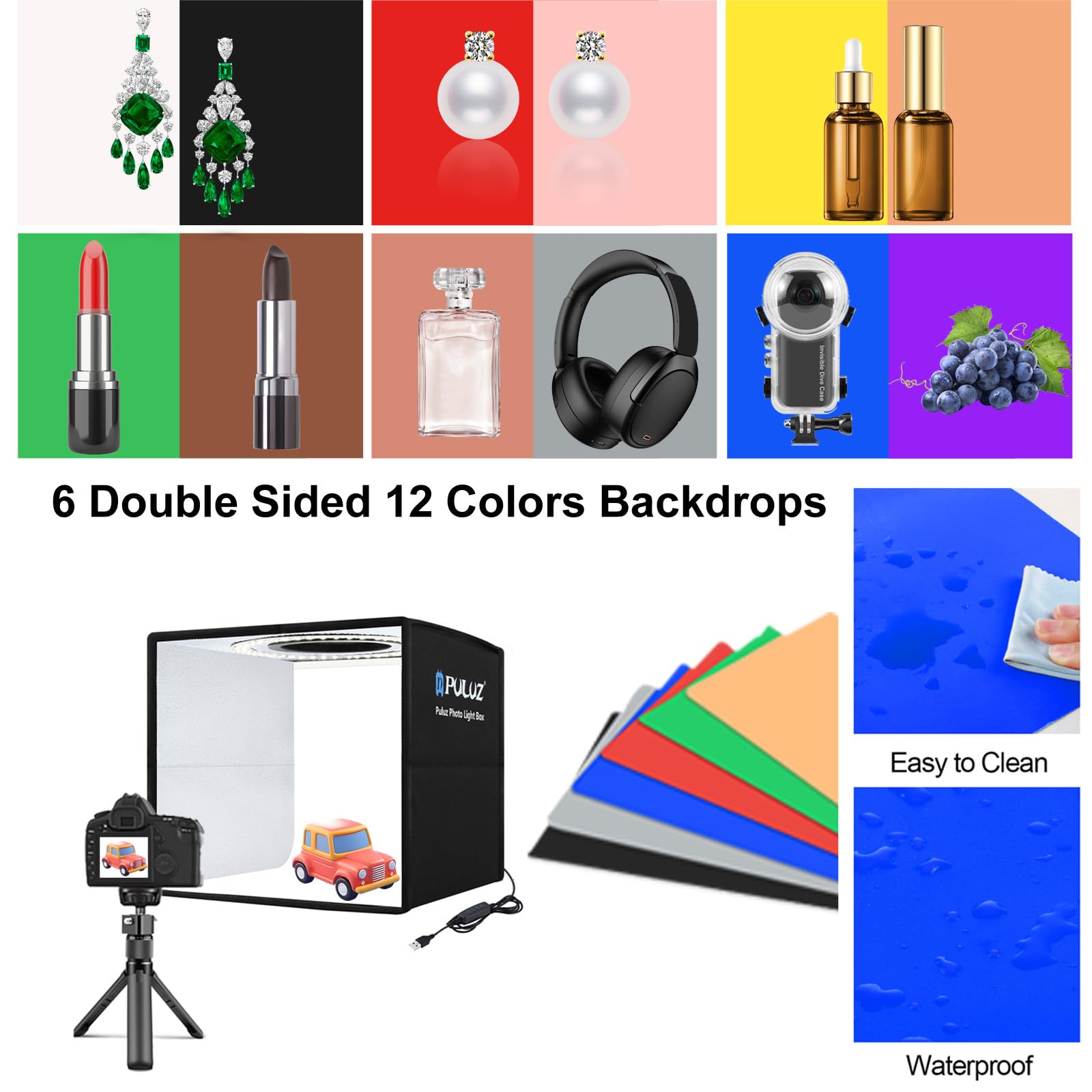Puluz 10X10 Inch Photo Studio Light Box,Folding Portable Photography Tent Box Small Shooting Lightbox Cri=95 12 Colors Backdrops