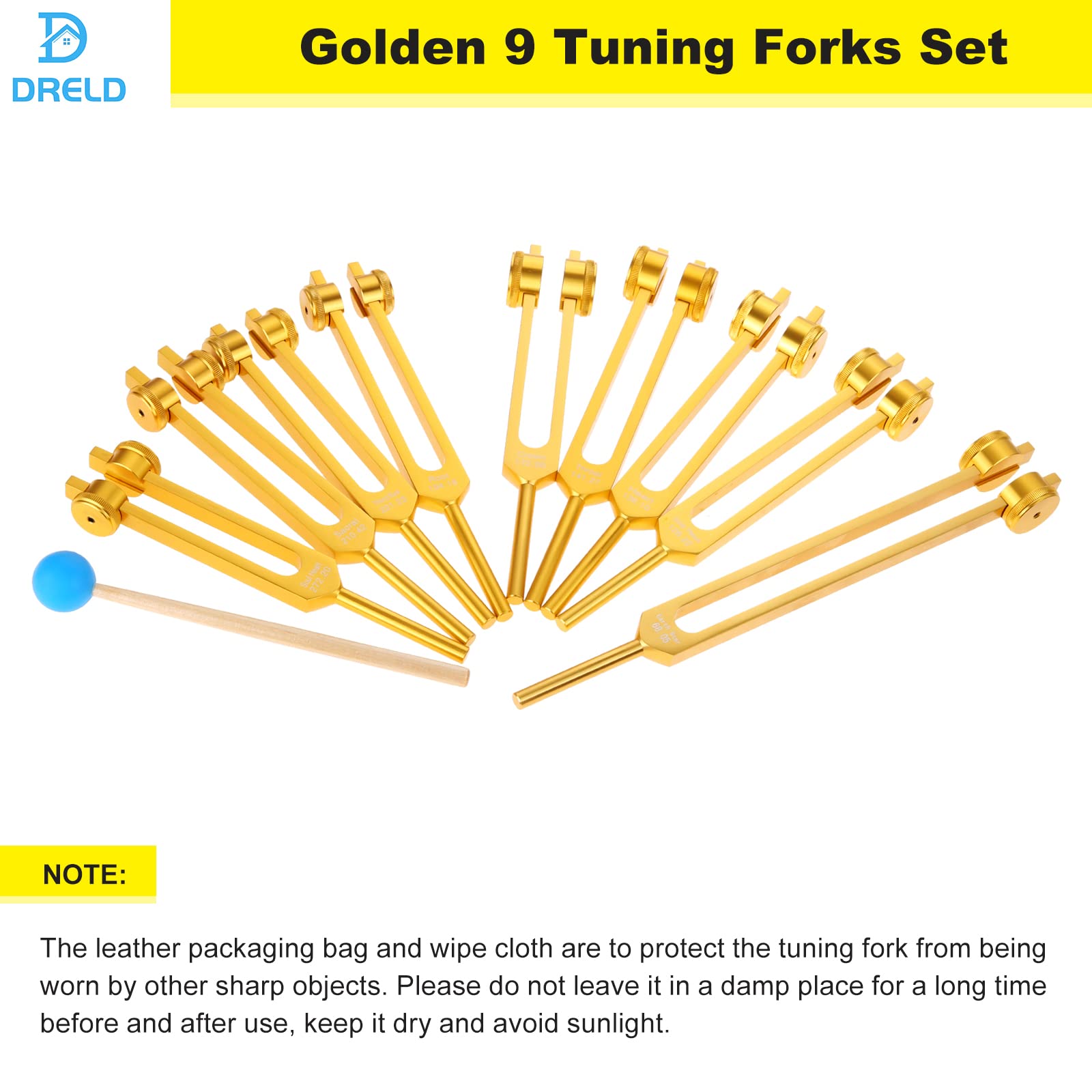 Weighted Chakra Tuning Fork Of 9 Gold, 8 Chakra + 1 Soul Purpose Tuning Forks With Hammer And Bag
