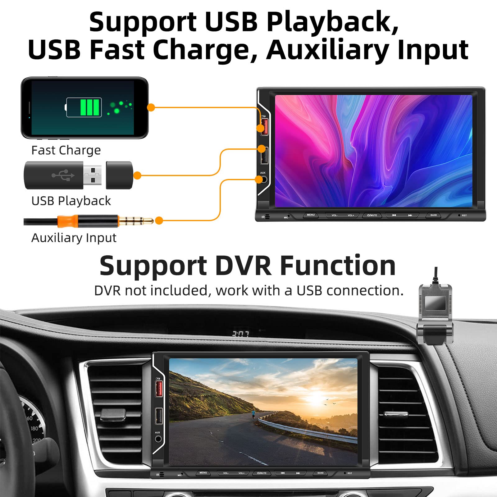 Unitopsci Double Din Car Stereo, Wireless Carplay Android Auto Radio, Bluetooth Head Unit 7 Inch Hd Touch Screen Mp5 Player Mirr