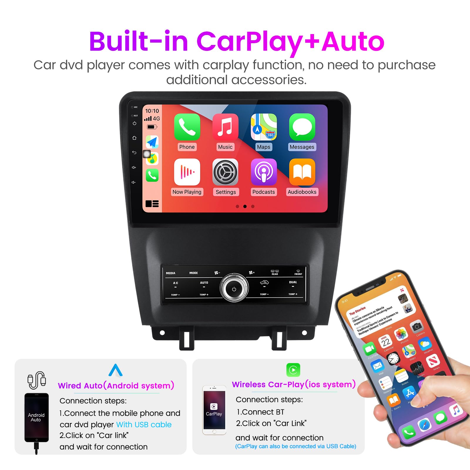 Android 13 Car Stereo For Ford Mustang Touch Screen Radio Upgrade 2010 2011 2012 2013 2014,10 Inch Ips 8 Core 2G+32G, Built In W