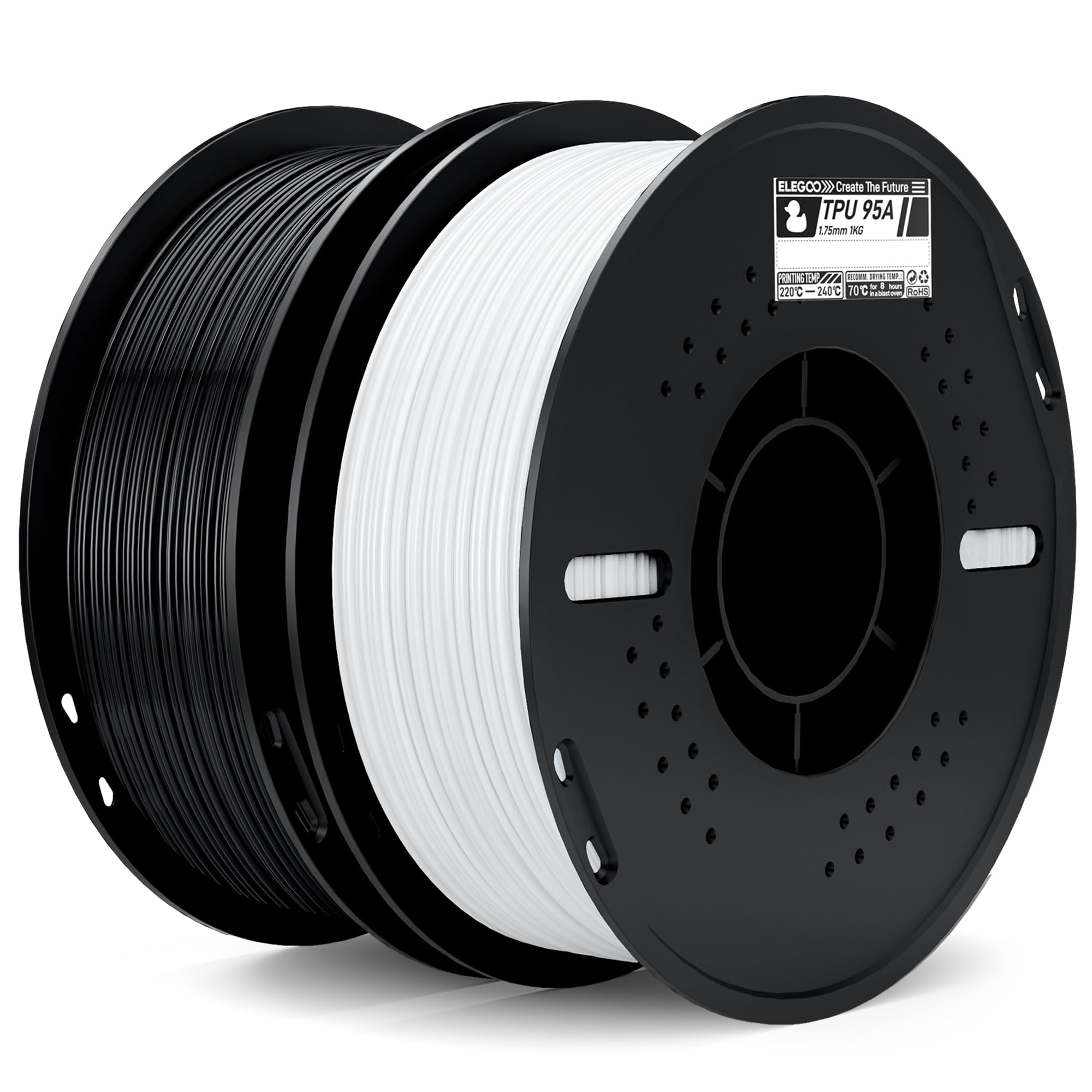 ELEGOO TPU Filament 1.75mm Black & White 2KG, 95A Flexible Soft 3D Printing Filament, 2pcs 1KG Spool(2.2lbs) Fits for Most FDM 3
