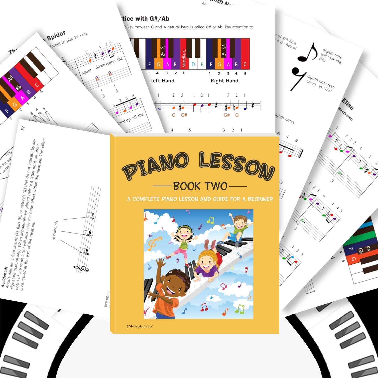 Piano Lessons Book2 And Color Coded Note Stickers: Piano Music Lesson And Guide Book For Kids And Beginners; Designed And Printe