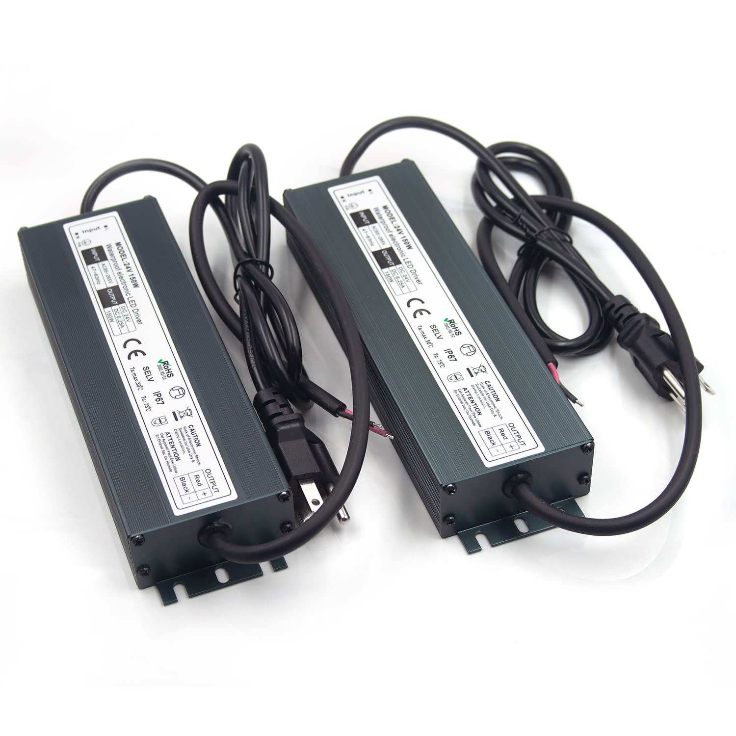 2 Pack Led Driver 24V 150 W Waterproof Ip67 Power Supply Transformer, 85 265V Ac To 24V Dc Low Voltage Output, Led Transformer W