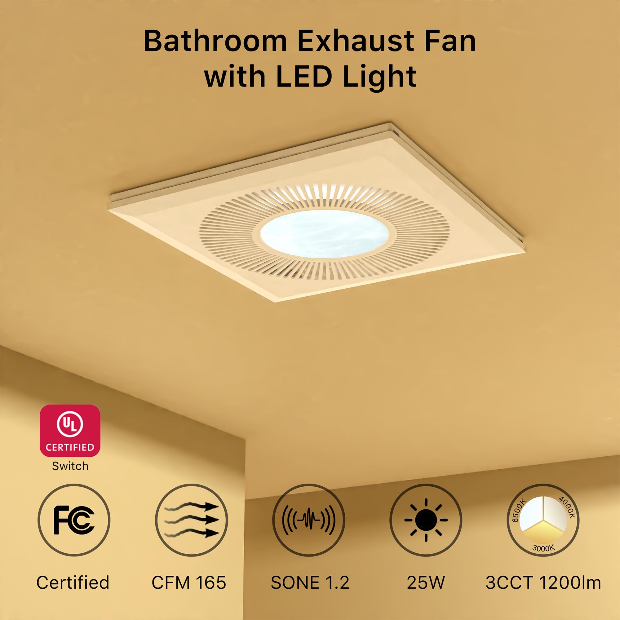 Fwastt Bathroom Exhaust Fan With Light 165Cfm Shower Bathroom Vent Fan With 11.8In 15W Led Light Combo Quiet 42Db Bath Ceiling E