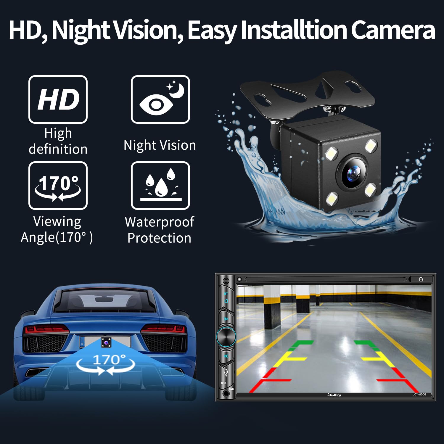 SJOYBRING Double Din Car Stereo - 7" HD Touchscreen, Apple Carplay, Bluetooth, Black, Model JOY-W006