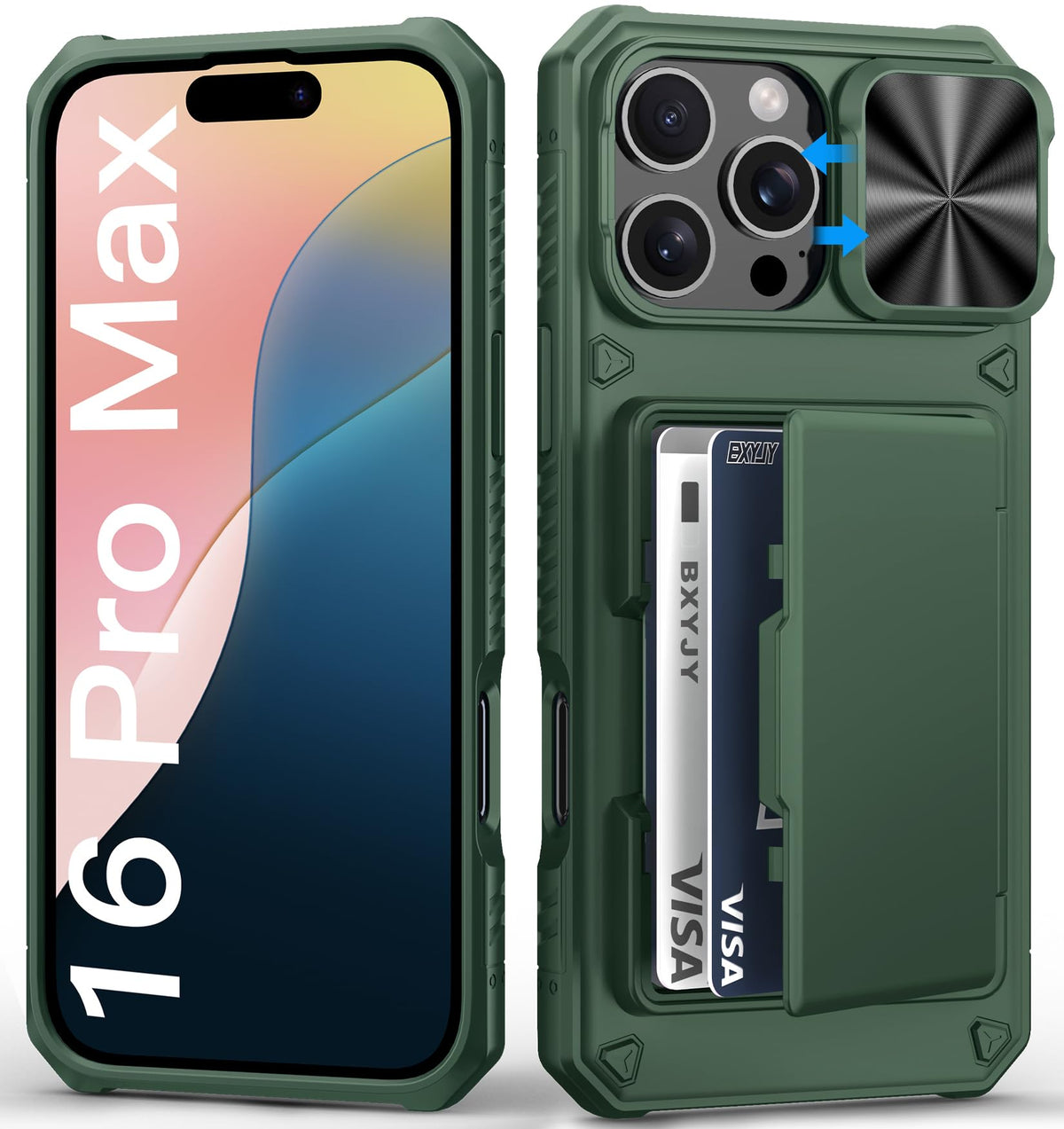 Bxyjy For Iphone 16 Pro Max Wallet Case, Built In Credit Card Holder (4 5 Cards), Slide Camera Cover, Military Protection, Rugge