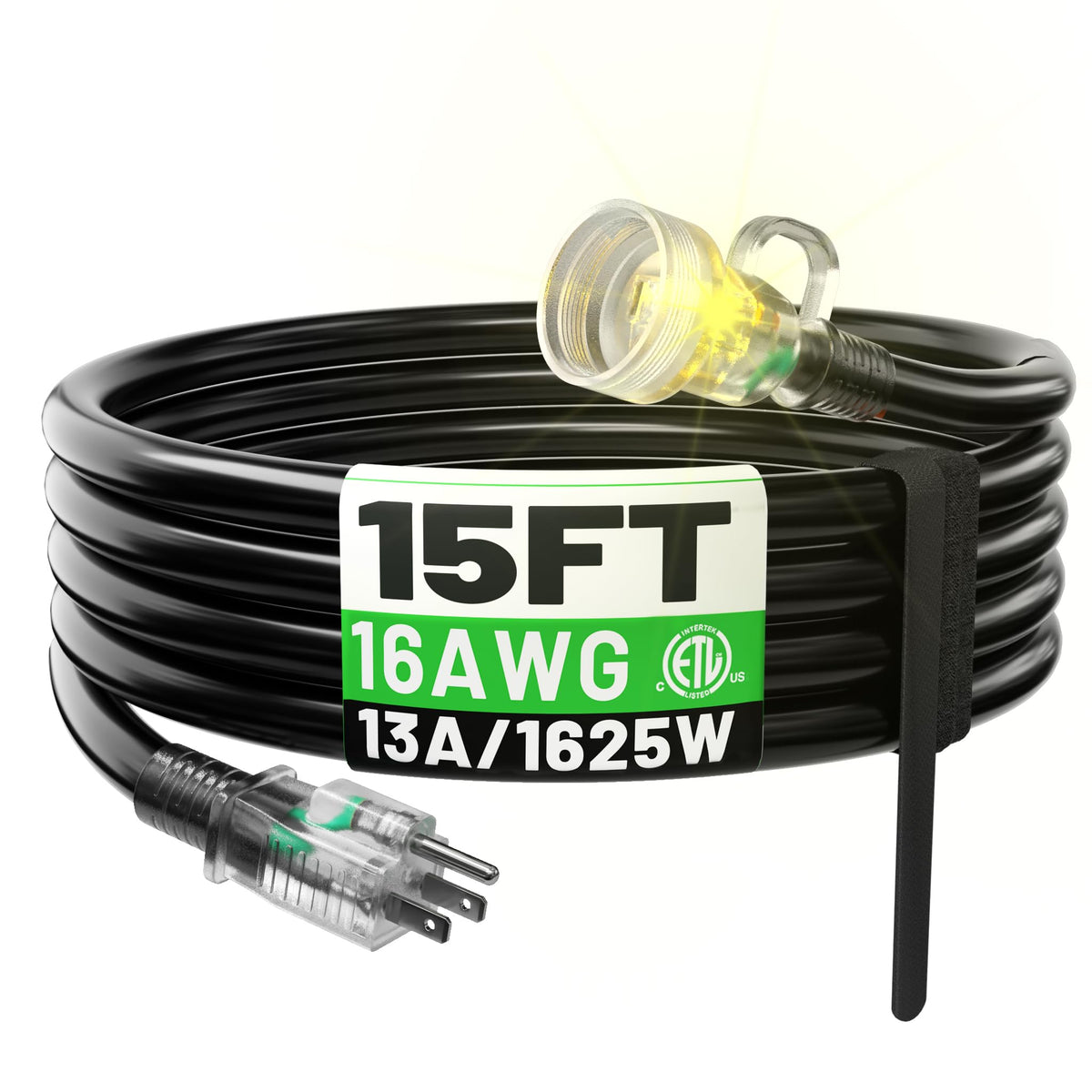 Powgrn 15Ft 16 Gauge Black Outdoor Extension Cord Waterproof, 3 Prong Flexible Cold Weatherproof  58? Heavy Duty Extension Cord,