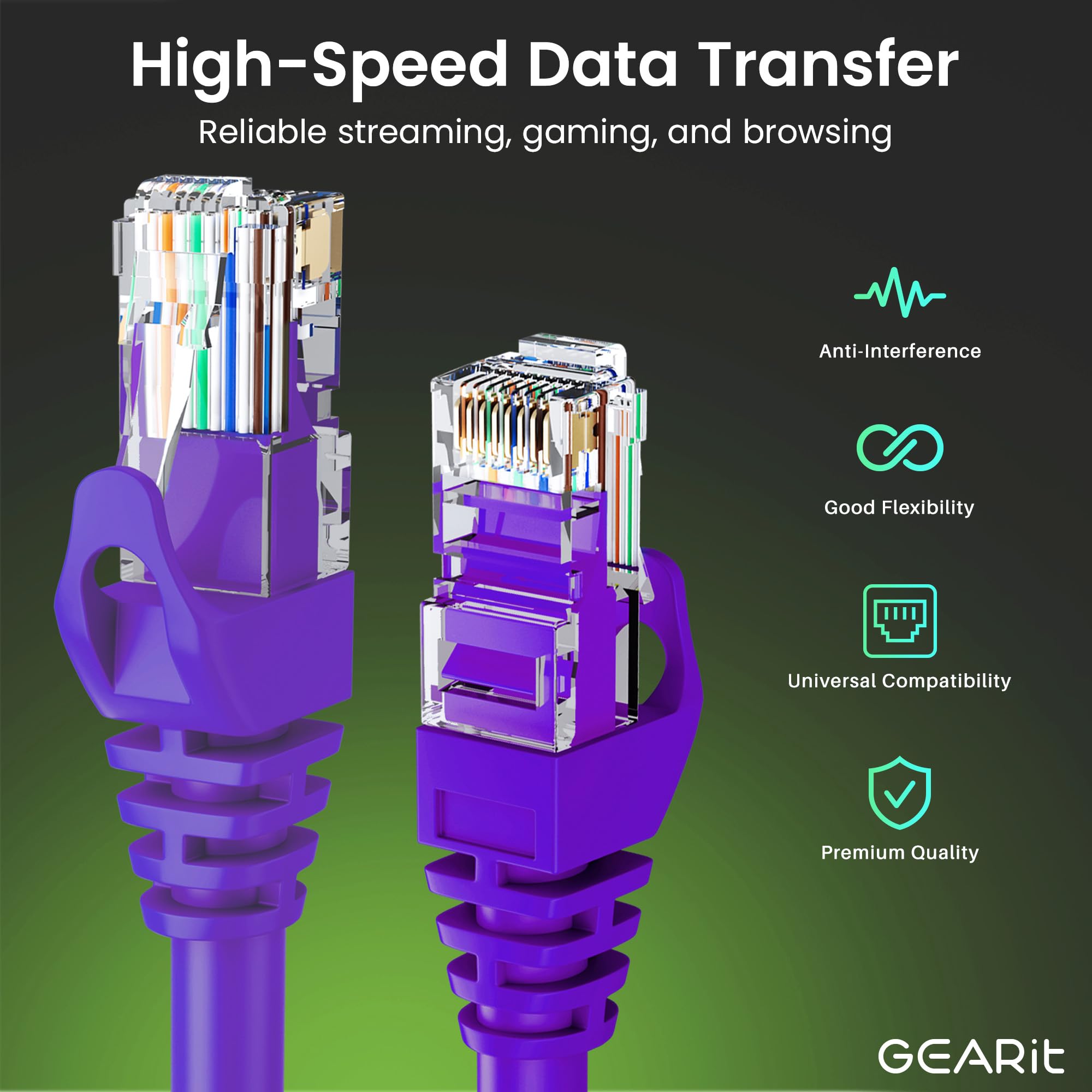 Gearit 100-Pack Cat6 Patch Cable 0.5 Foot / 6 Inches Cat 6 Ethernet Cable Snagless Flexible Soft Tab - Premium Series - Purple