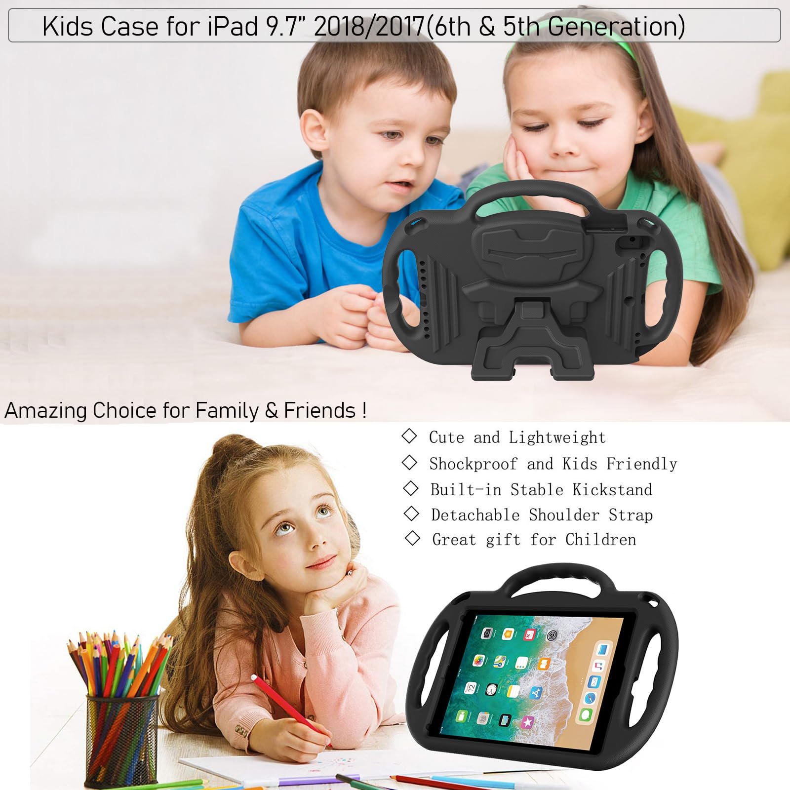 Ltrop Kids Case For Ipad 5Th/6Th Generation (2017/2018) & Air 2, Shoulder Strap Handle Stand Shockproof Bumper Cute Kid Case For