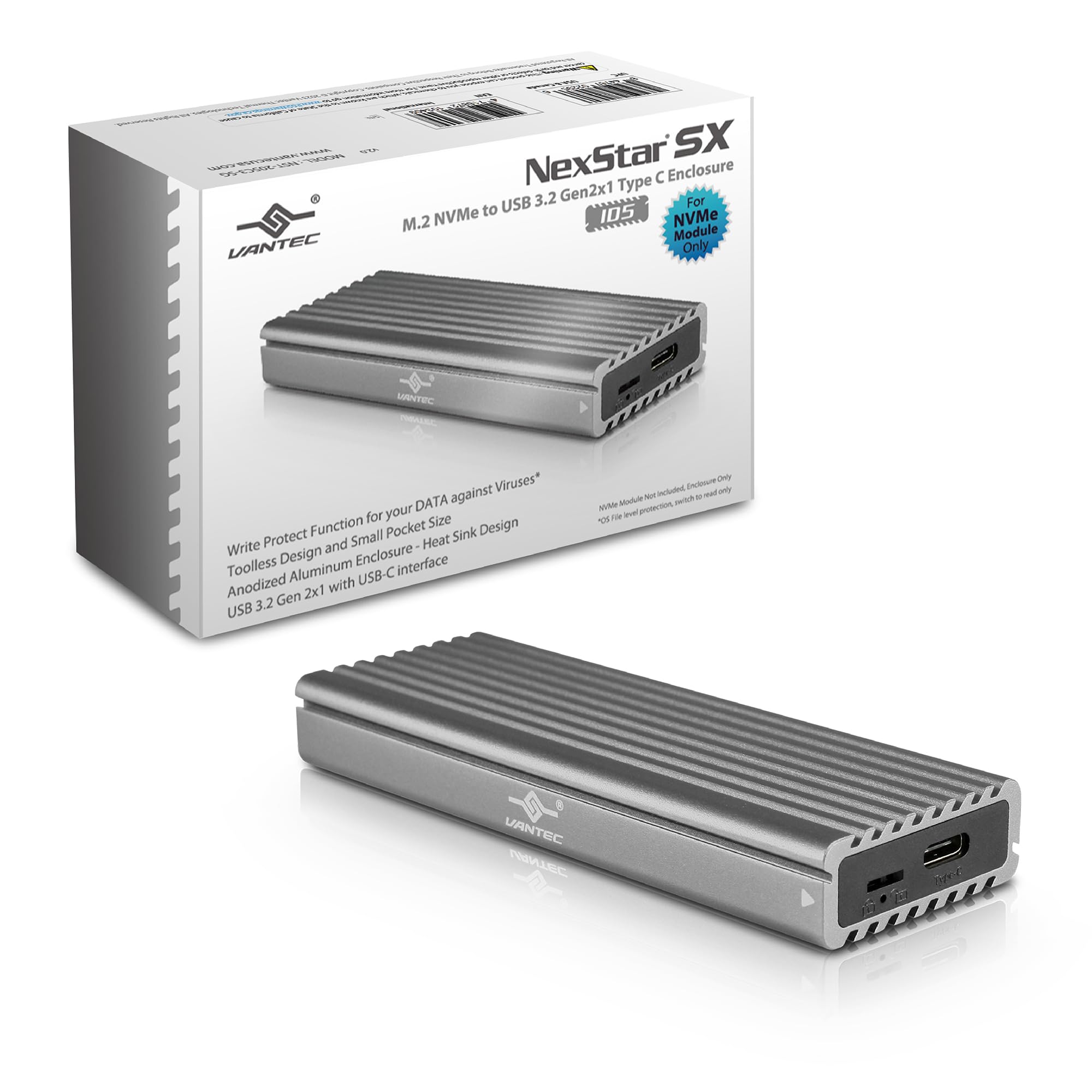 Vantec M.2 Nvme SSD to USB 3.1 Gen 2 Type C Enclosure with C to C Cable, Space Gray Color, ID5 (NST205C3SG)
