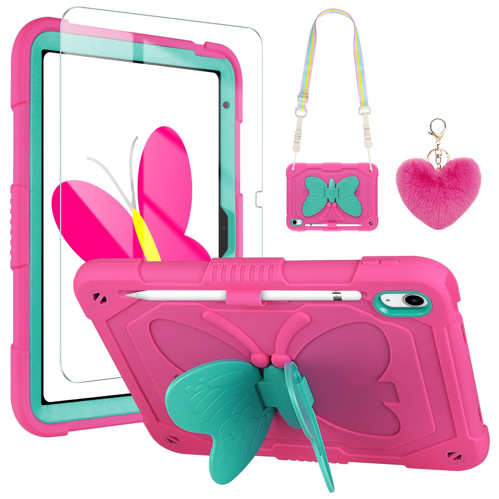Wesadn For Ipad 10Th Generation Case 2022 For Kids Girls With Screen Protector/Butterfly Kickstand/Lanyard/Keychain/Pencil Holde