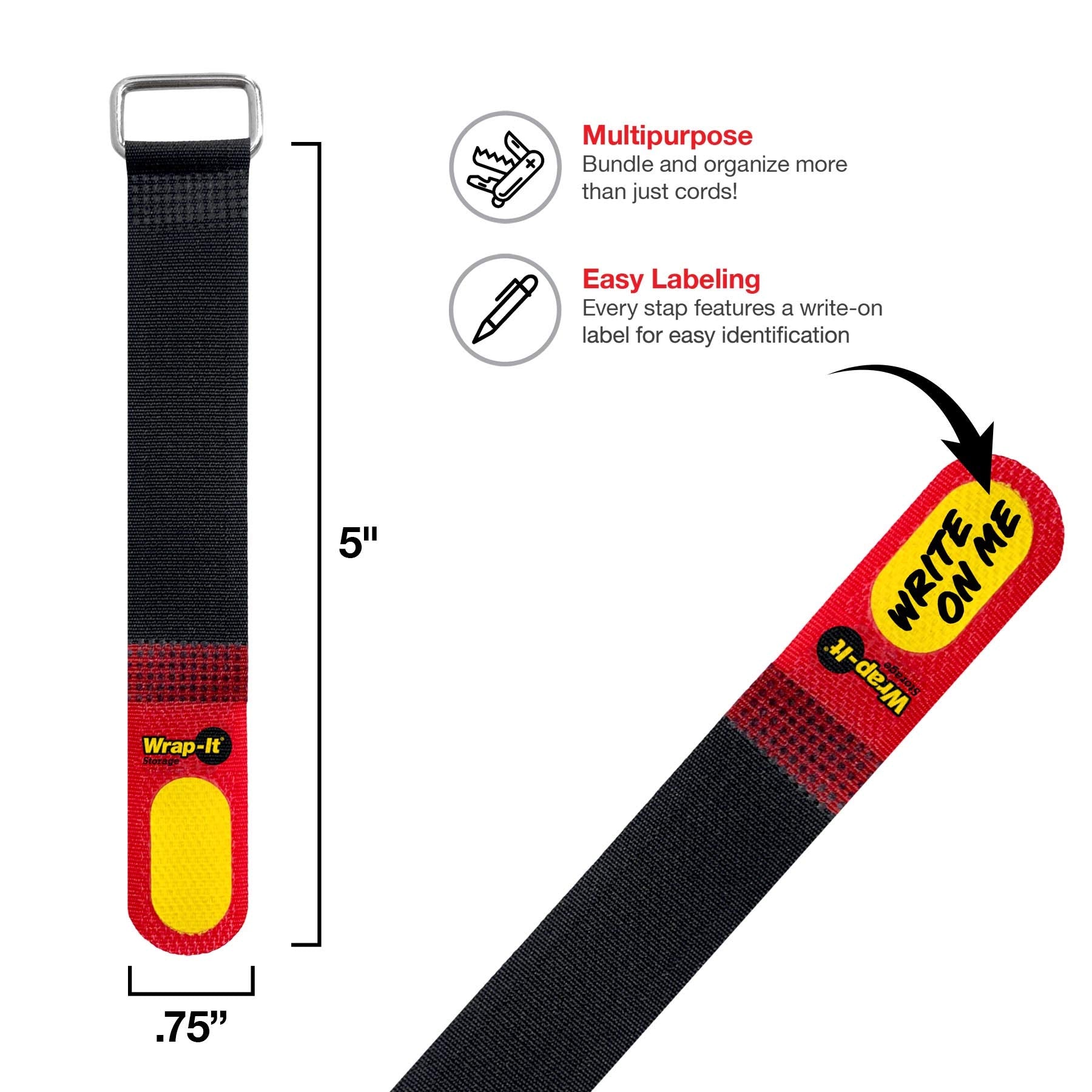 Wrap It Storage Hook And Loop Cinch Straps 5'' 20 Pack (Red/Black) With Write On Label For Easy Cord Identification And Cable Ma