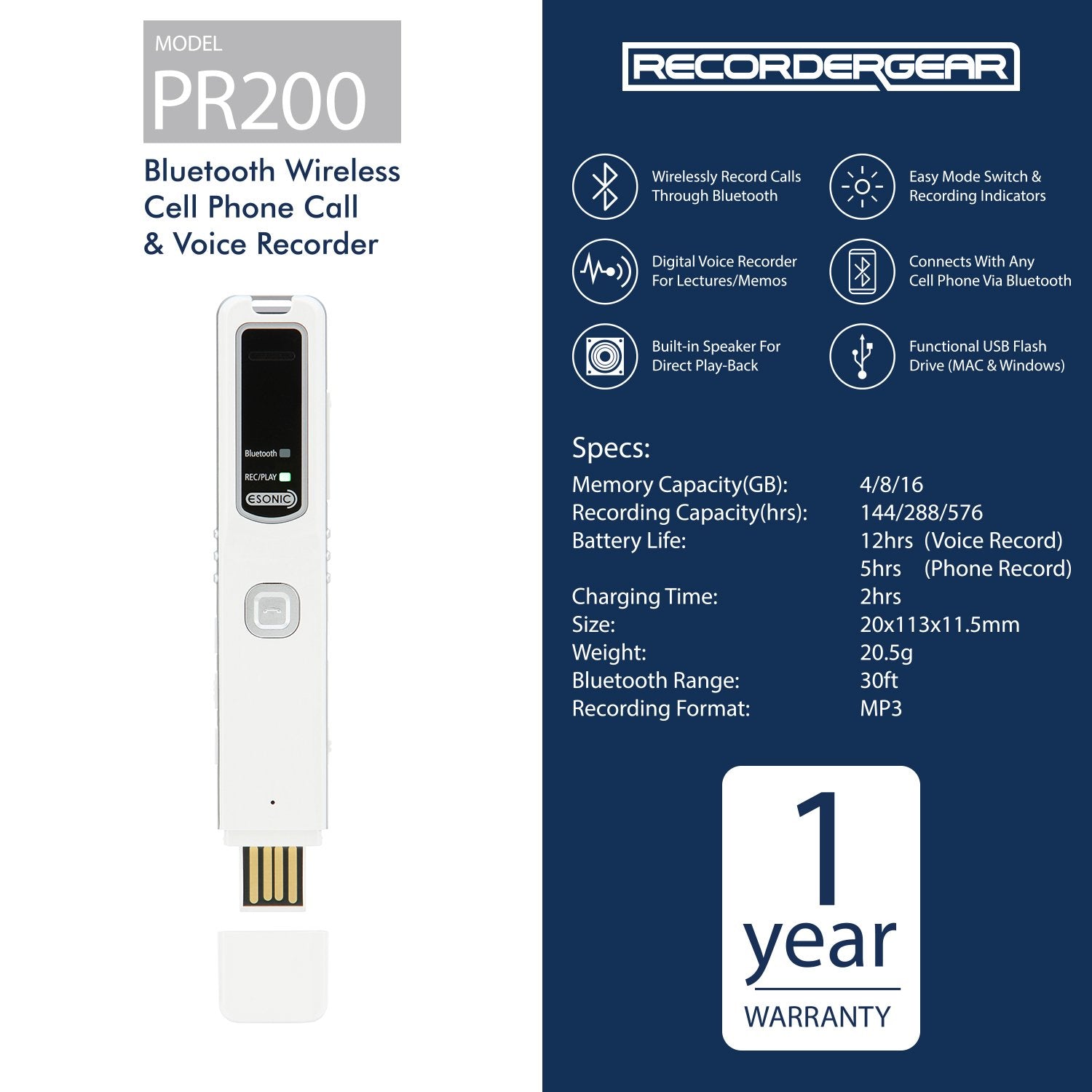 Recordergear Pr200 Bluetooth Cell Phone Call Recording Device, Iphone And Android Mobile Recorder