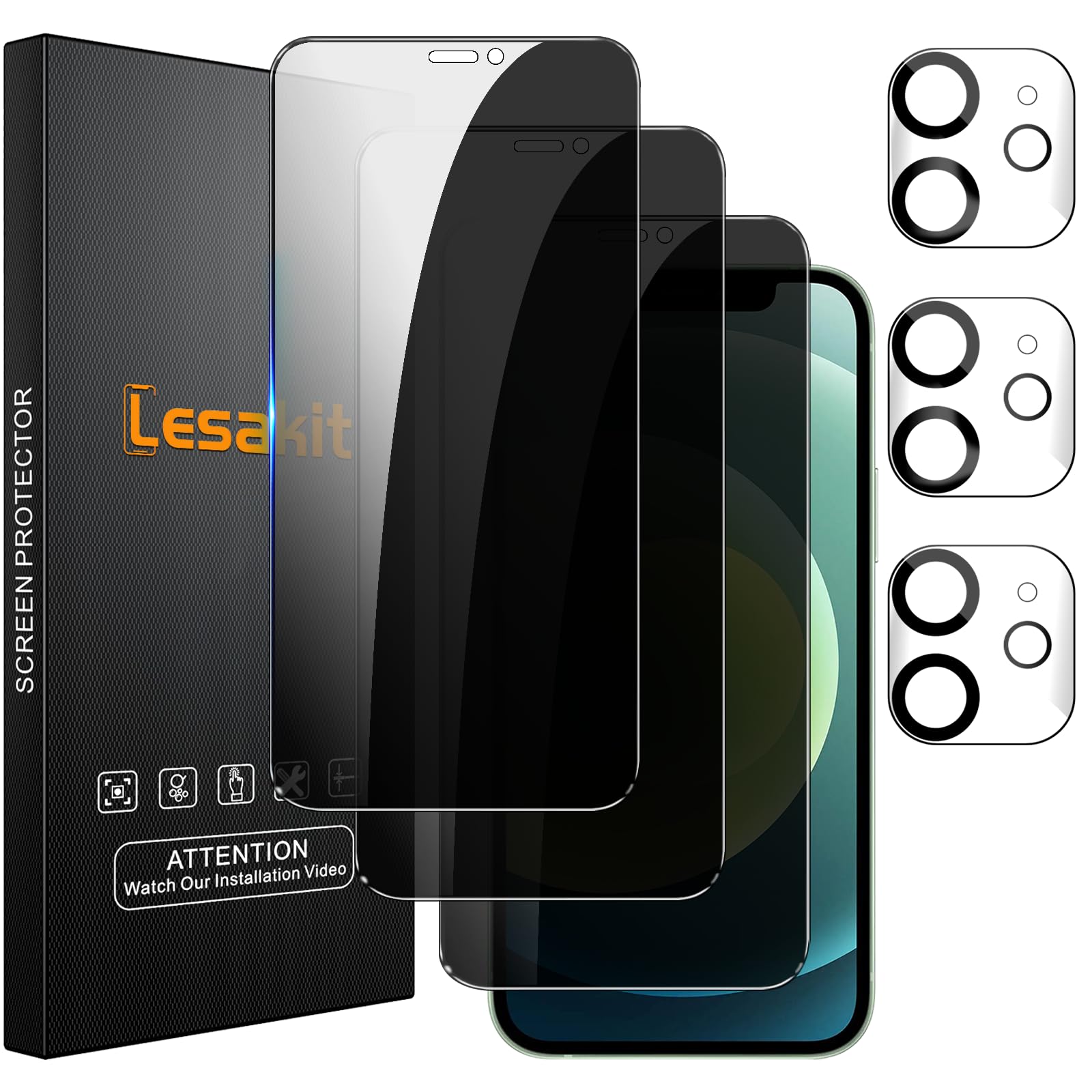 Lesakit 3+3 Pack Privacy Screen Protector For Iphone 12 6.1 Inch With 3 Pack Camera Lens Protector, Anti Spy Tempered Glass Film