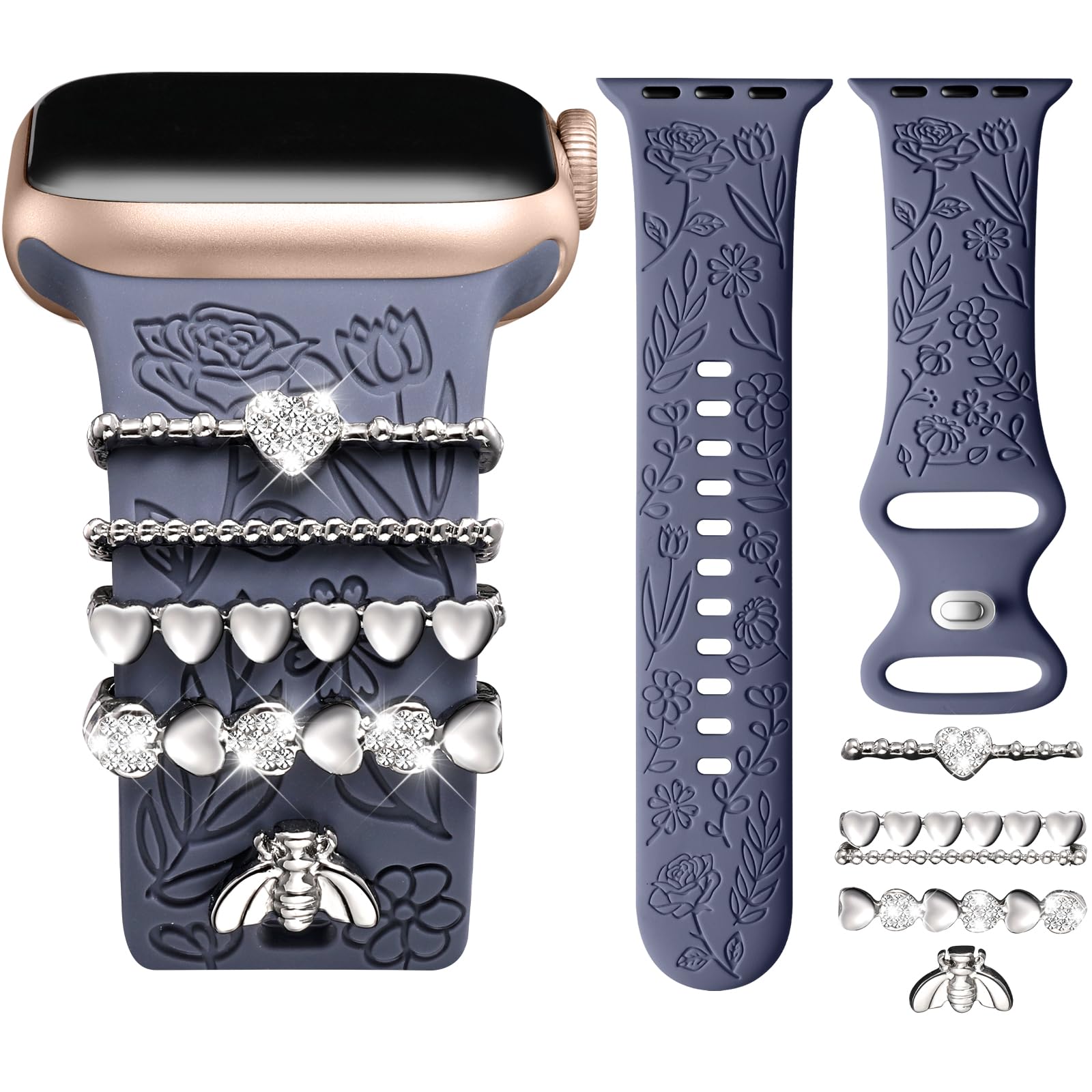 Daqin Flower Engraved Band Compatible With Apple Watch Bands 44Mm 42Mm 45Mm 46Mm For Women, Soft Silicone Band With Decorative A