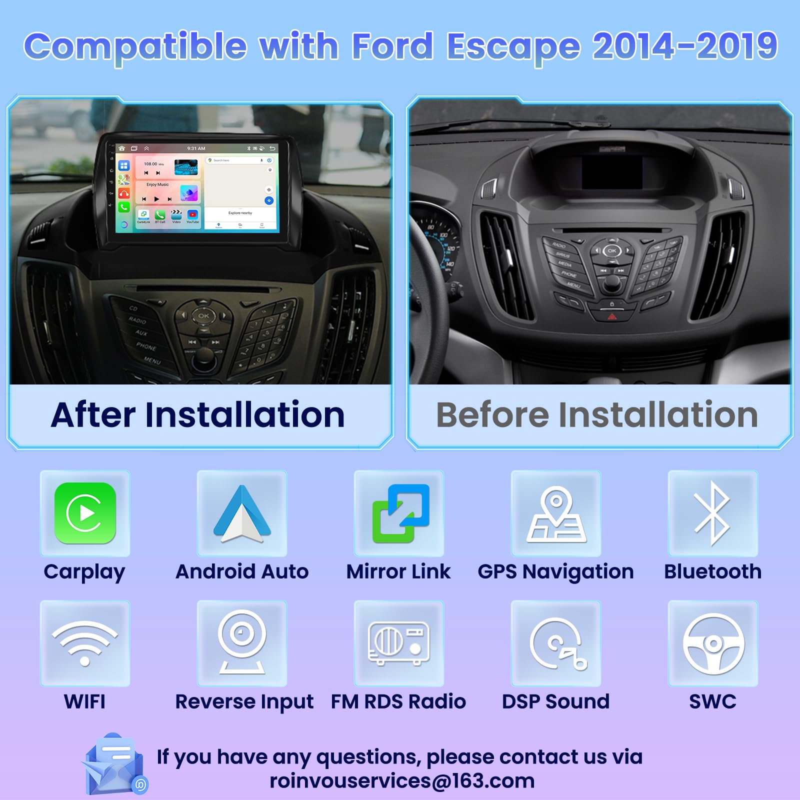 Roinvou 8 Cores 4+64G Android Car Radio For Ford Escape 2014 2019, 9'' Touch Screen Carplay Android Auto With 32Eq Bluetooth Wif