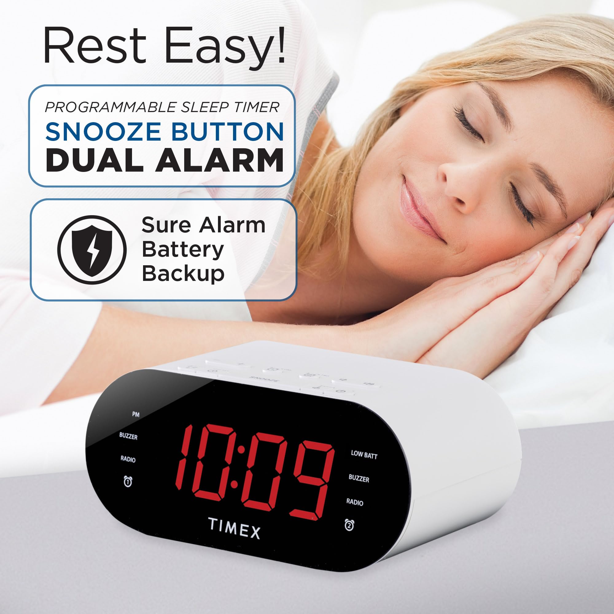 Timex Alarm Clock With Am/Fm Radio And 20 Station Presets, Digital Clock Radio With Dual Alarms, Programmable Timer, Snooze, Aux